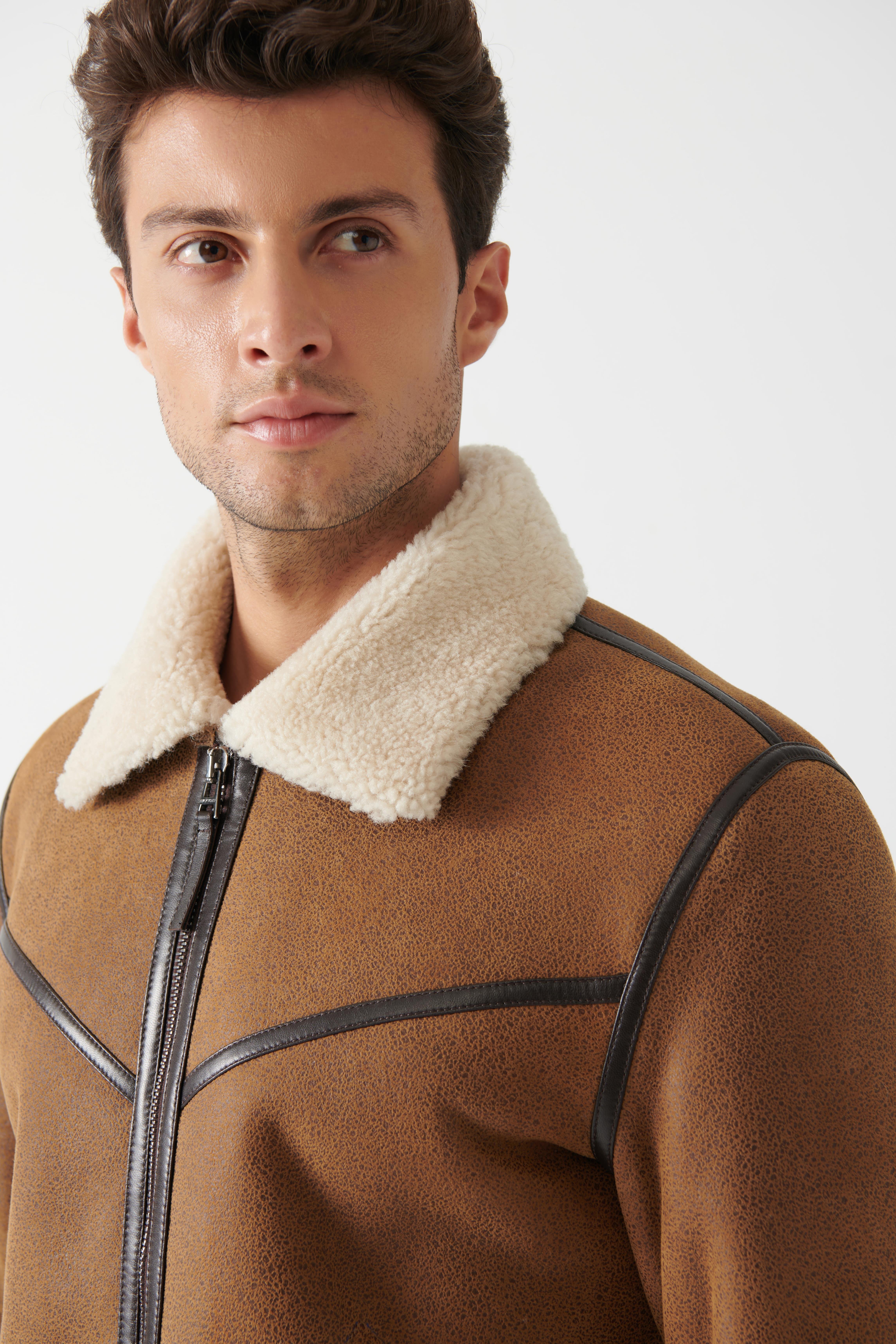 JIM Men's Tan Shearling Leather Jacket | Men's Shearling Leather Coat Models