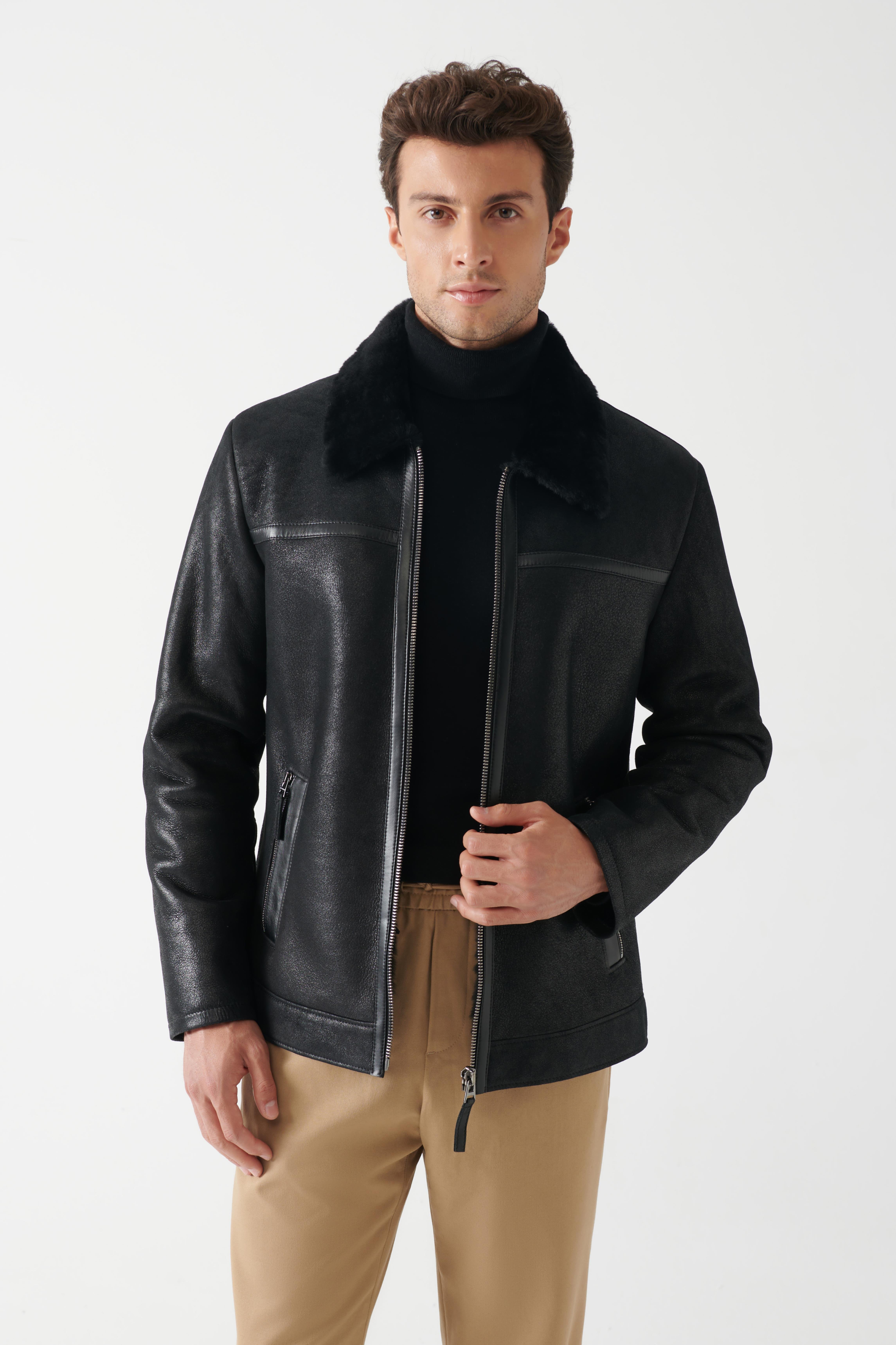 LUKE Men's Black Shearling Leather Jacket | Men's Shearling Leather Coat  Models