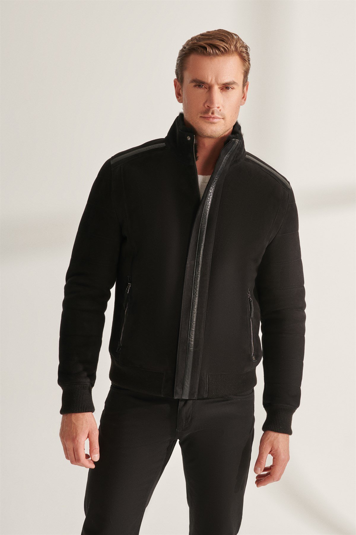 COLIN Men's Black Sport Shearling Leather Jacket | Men's Fur Leather Jacket  Models