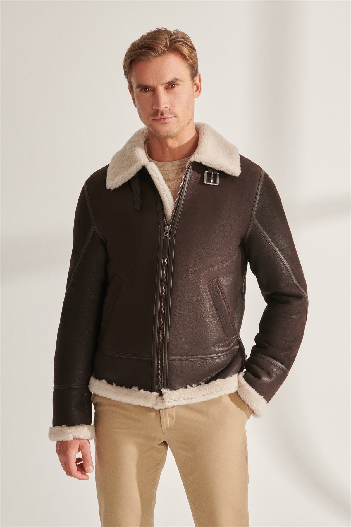 DUKE Men's Brown Pilot Shearling Leather Jacket | Men's Fur Leather Jacket  Models