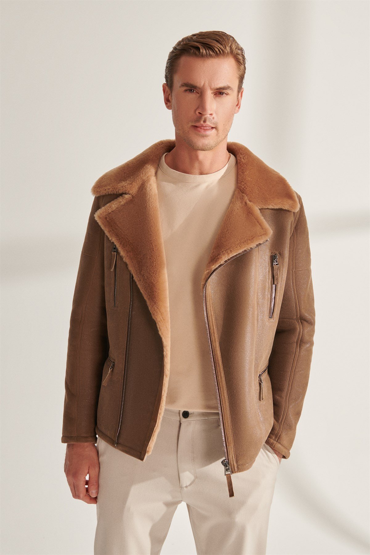 MARCO Men's Camel Biker Shearling Leather Jacket | Men's Fur Leather Jacket  Models