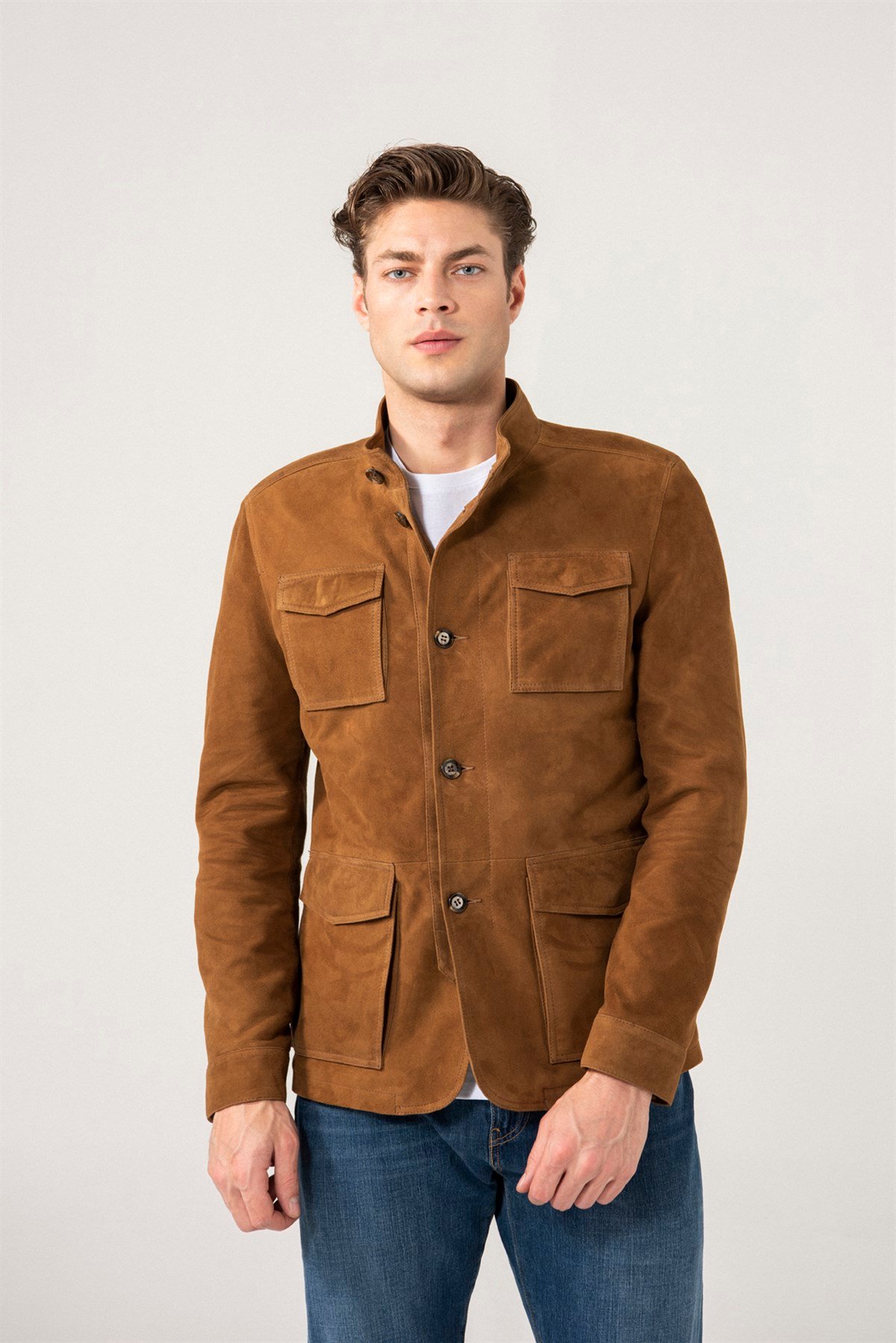 Carlos Men Sports Tan Suede Jacket Black Noble | Luxury Shearling