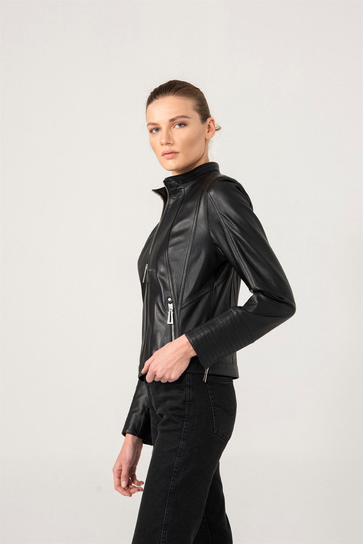 MELANIE Kadın Spor Siyah Deri Ceket Kadın Deri Ceket Modelleri
