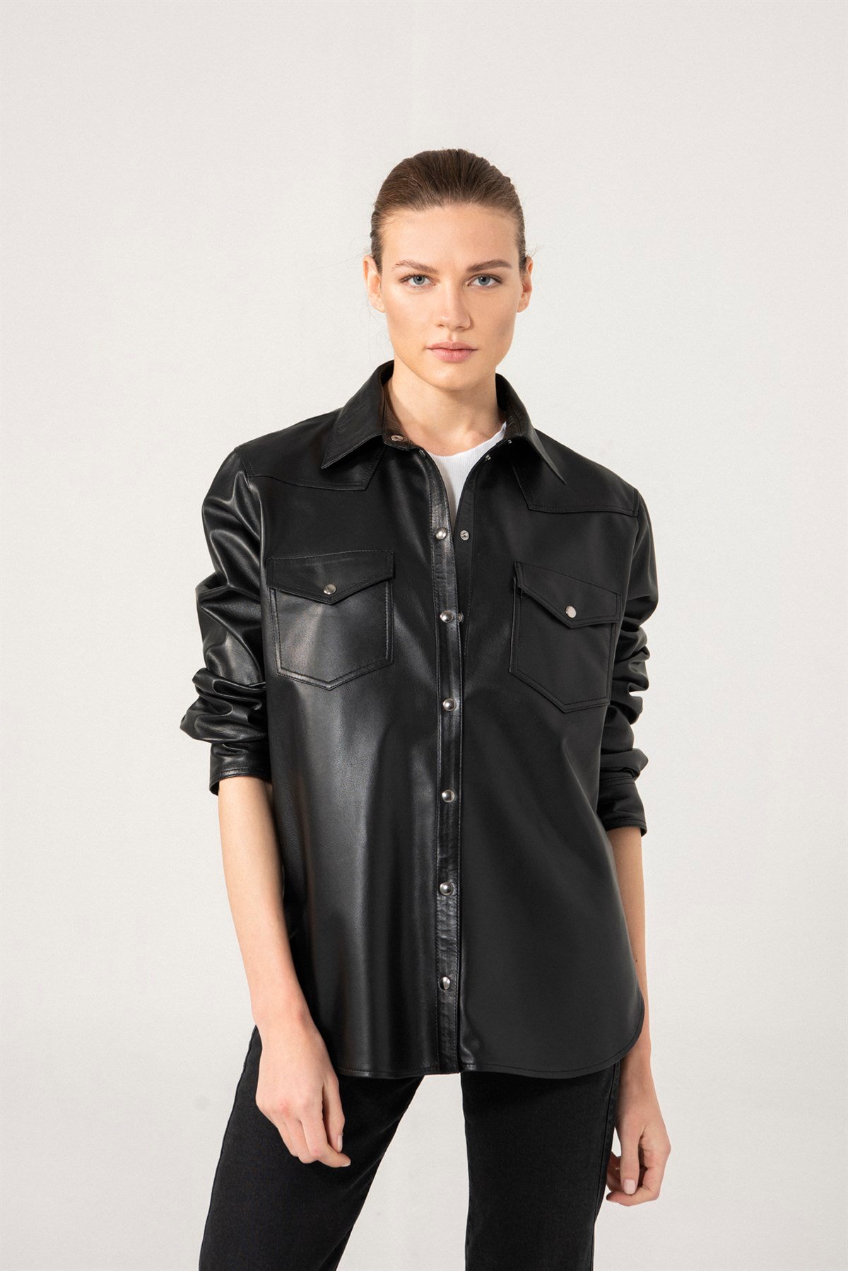 SOPHIA Siyah Deri Gömlek Ceket Kadın Deri Ceket Modelleri