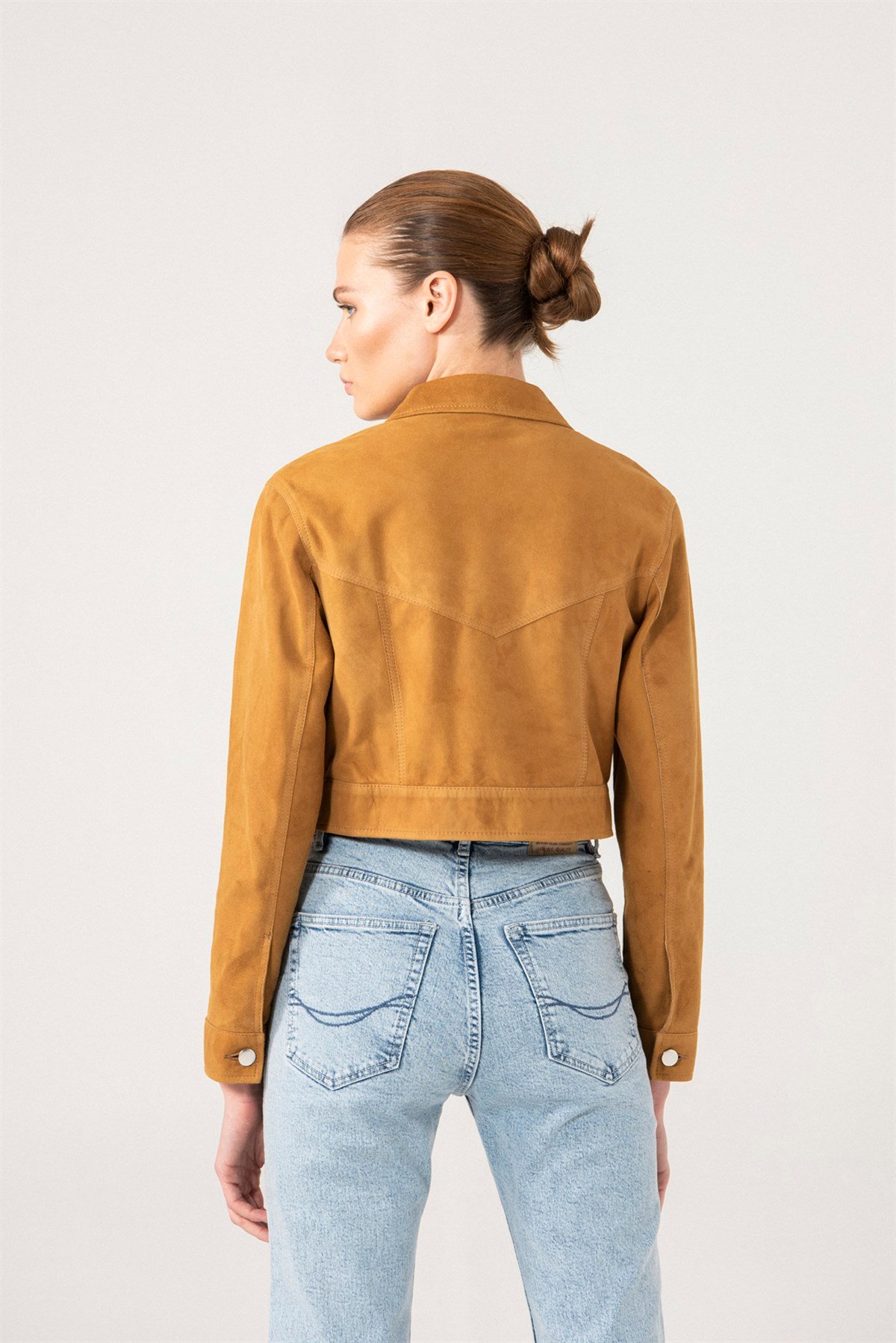 Roza Women Camel Suede Denim Jacket | Women's Suede Jacket