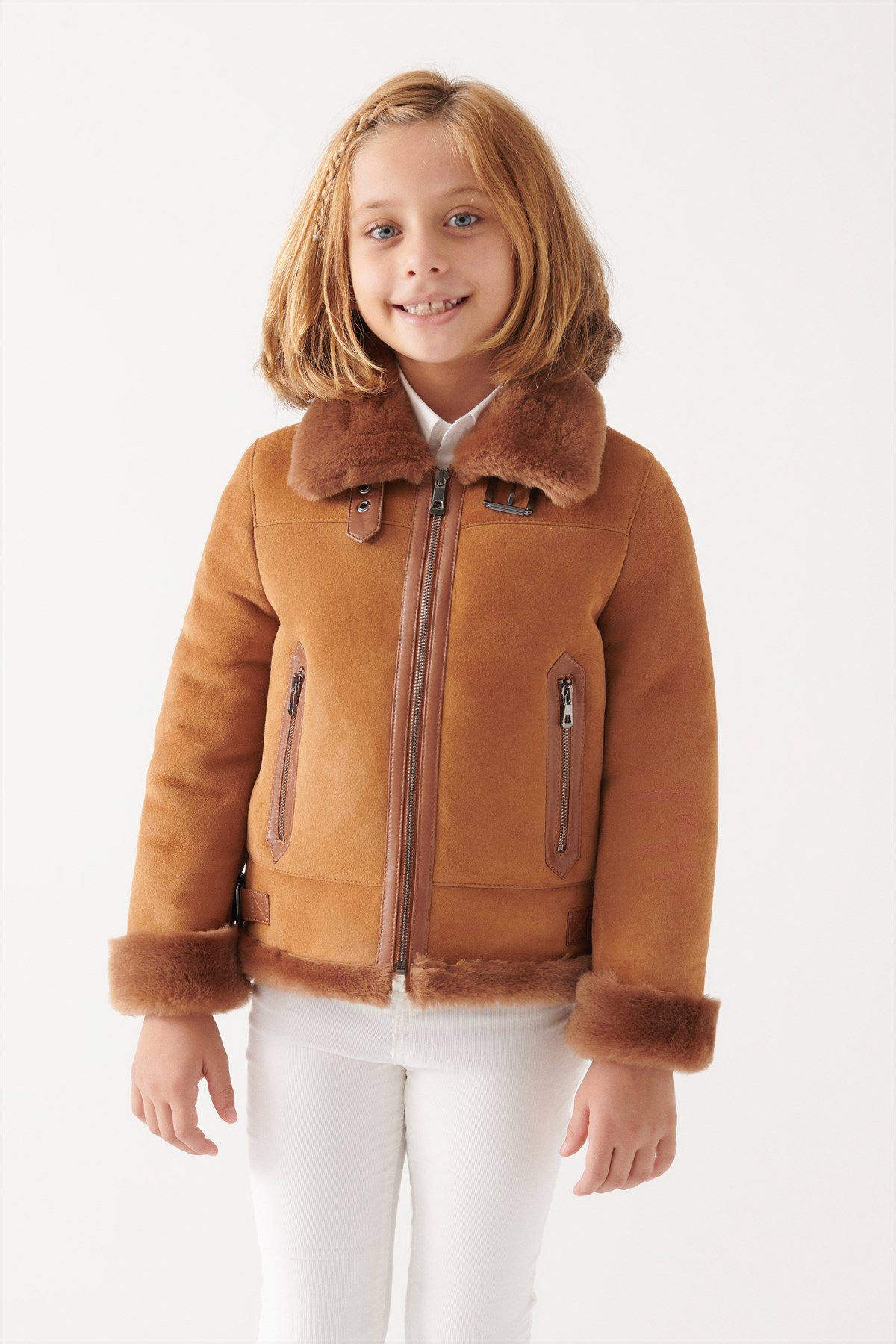 DAFFY Girls Tan Shearling Jacket | Girls Leather and Shearling Jacket & Coat