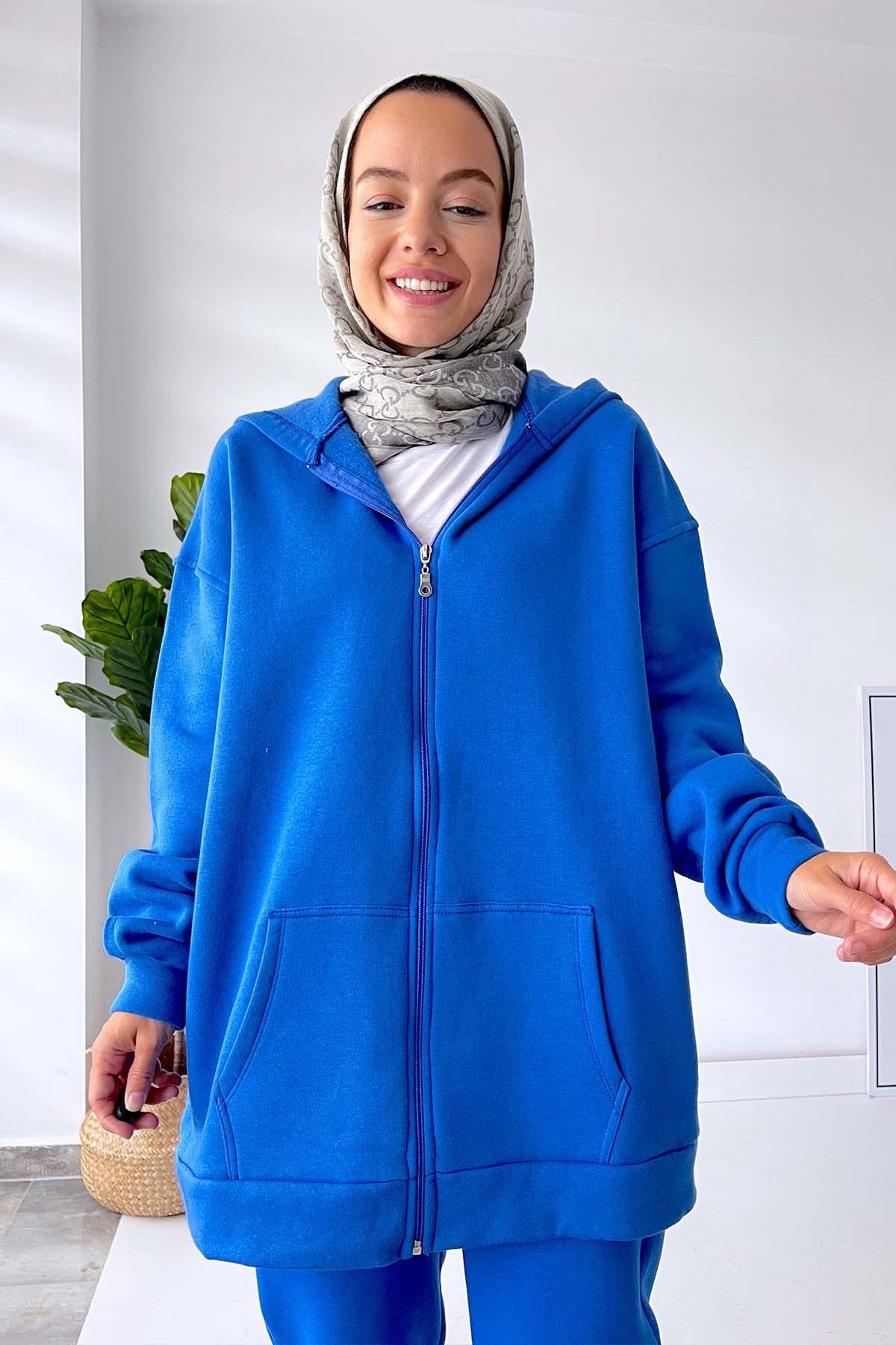 Kapüşonlu Şardonlu Sweatshirt - Saks Mavi | kahijab.com.tr