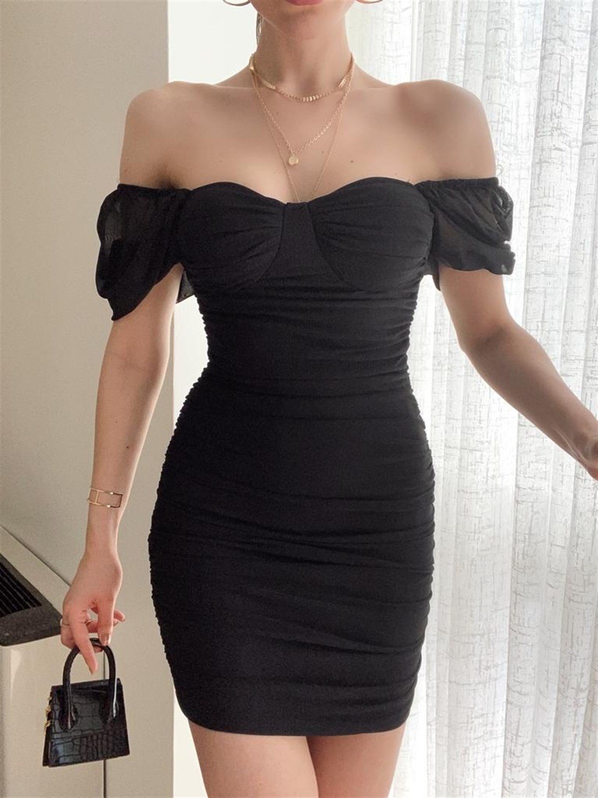 Kadın Siyah Drapeli Mini Elbise