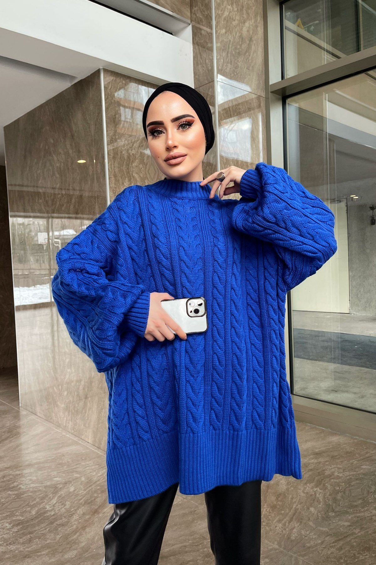 Balon Kol Örgü Kazak Mavi – Haza Moda | Tesettür Giyim