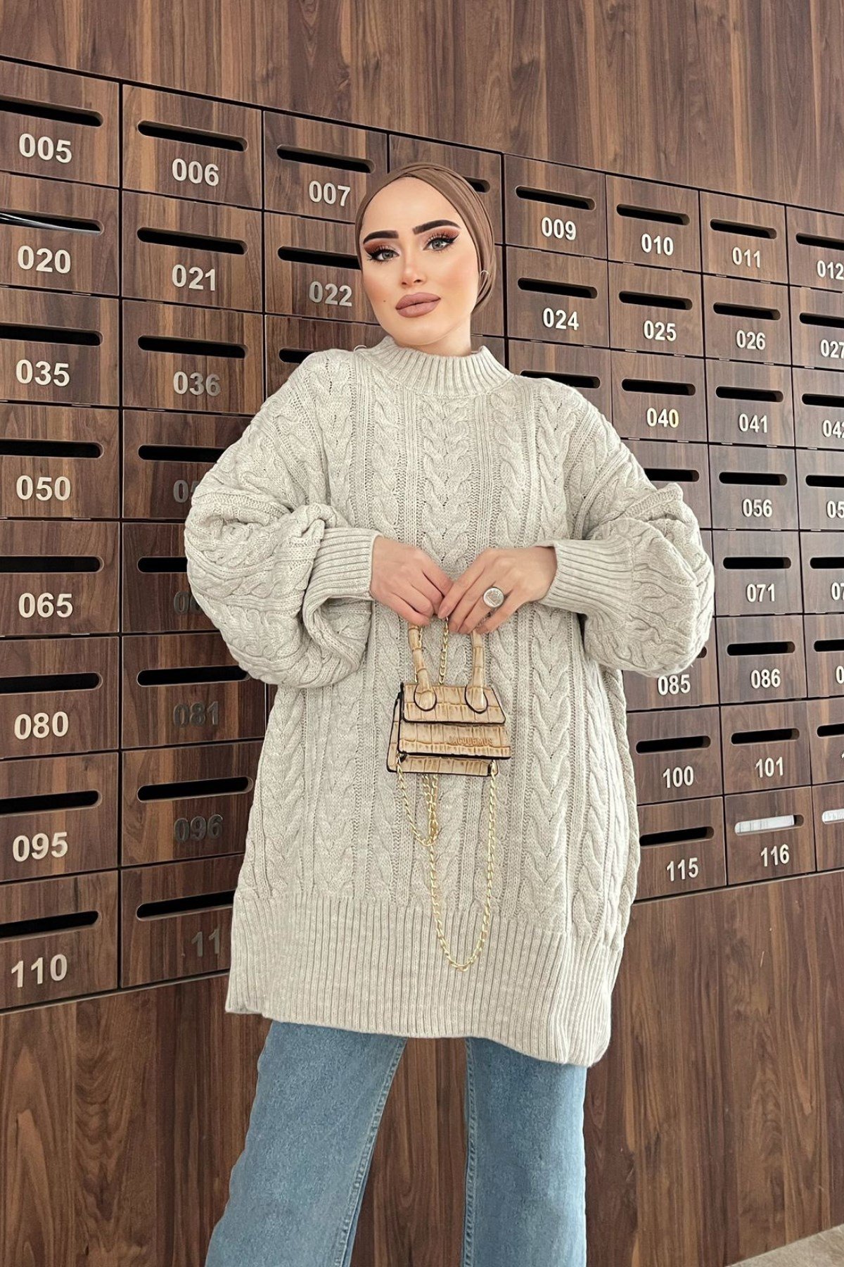 Balon Kol Örgü Kazak Taş – Haza Moda | Tesettür Giyim
