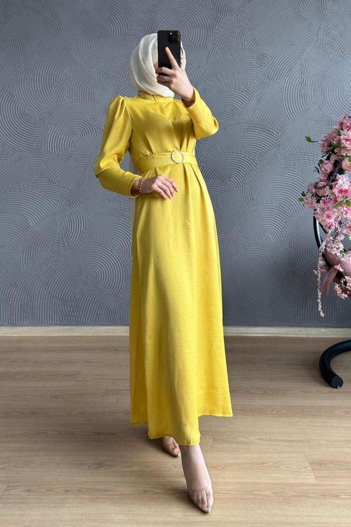 Düz Kesim Taşlı Saten Elbise Sarı – Haza Moda | Tesettür Giyim