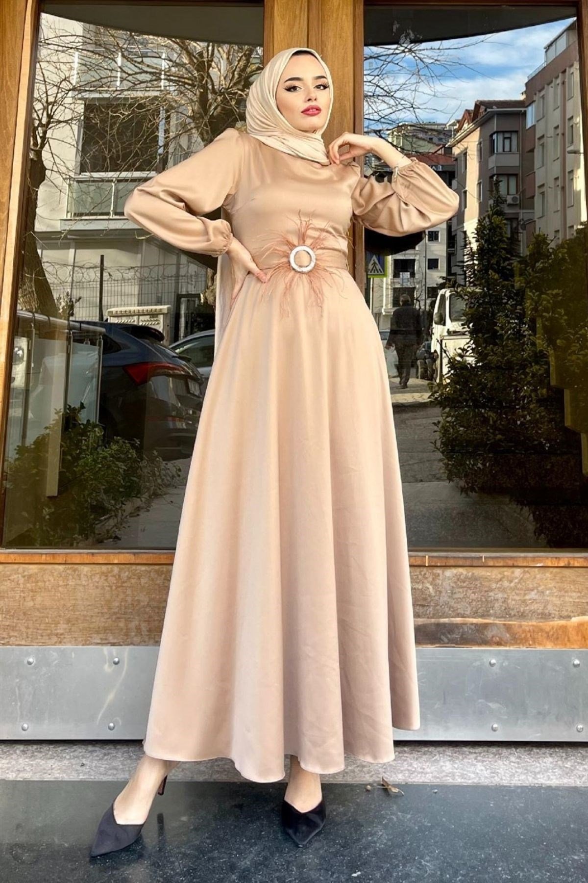 Esila Tüy Detay Abiye Camel – Haza Moda | Tesettür Giyim