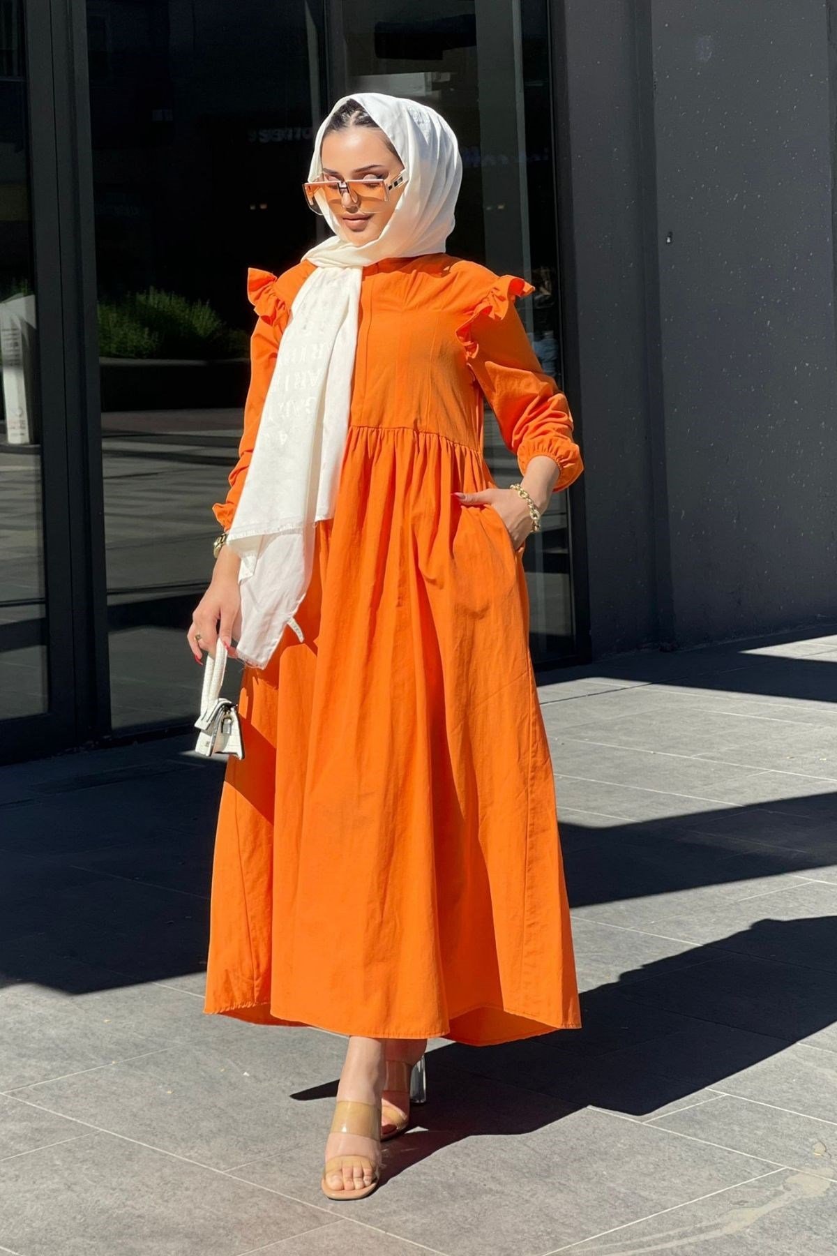 Fermuarlı Cotton Elbise Turuncu – Haza Moda | Tesettür Giyim