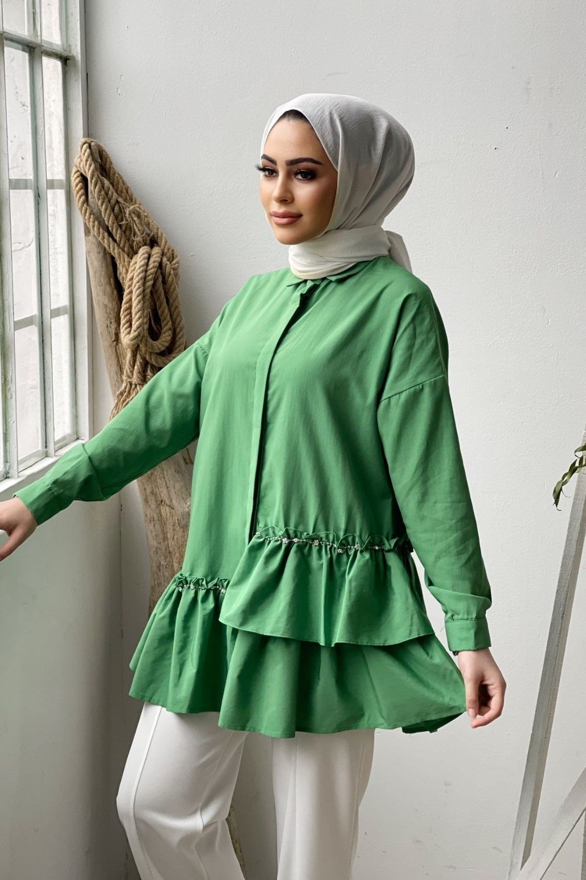 Fırfır Taşlı Gömlek Yeşil – Haza Moda | Tesettür Giyim