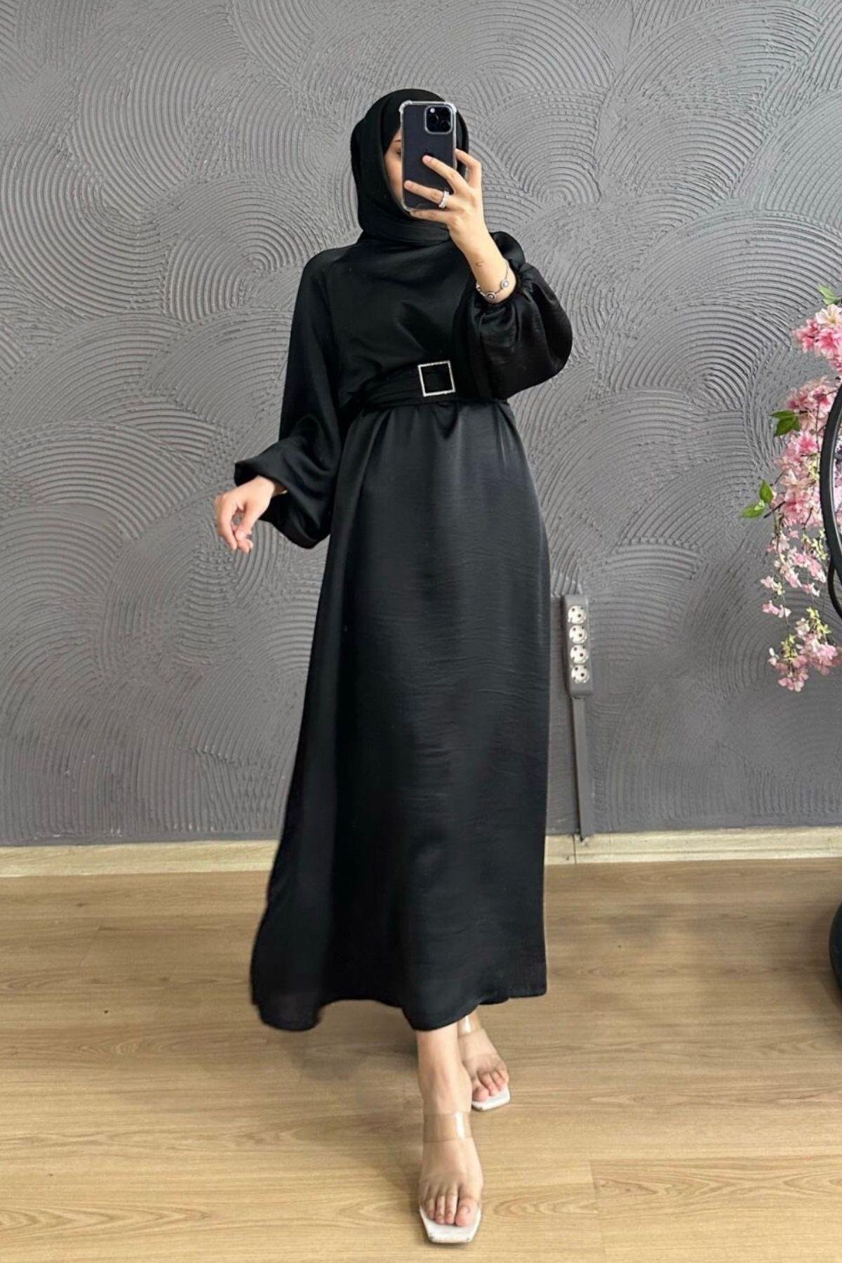 Hira Saten Elbise Siyah – Haza Moda | Tesettür Giyim