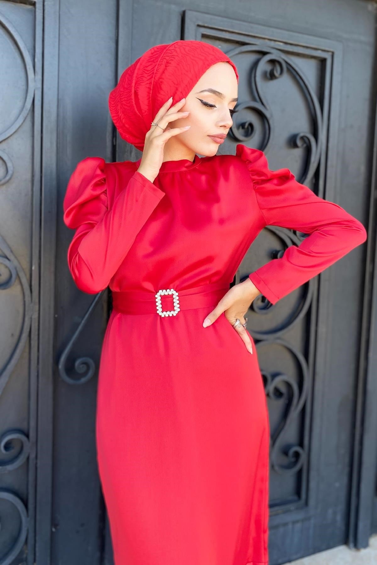 Karpuz Kol Abiye Kırmızı – Haza Moda | Tesettür Giyim