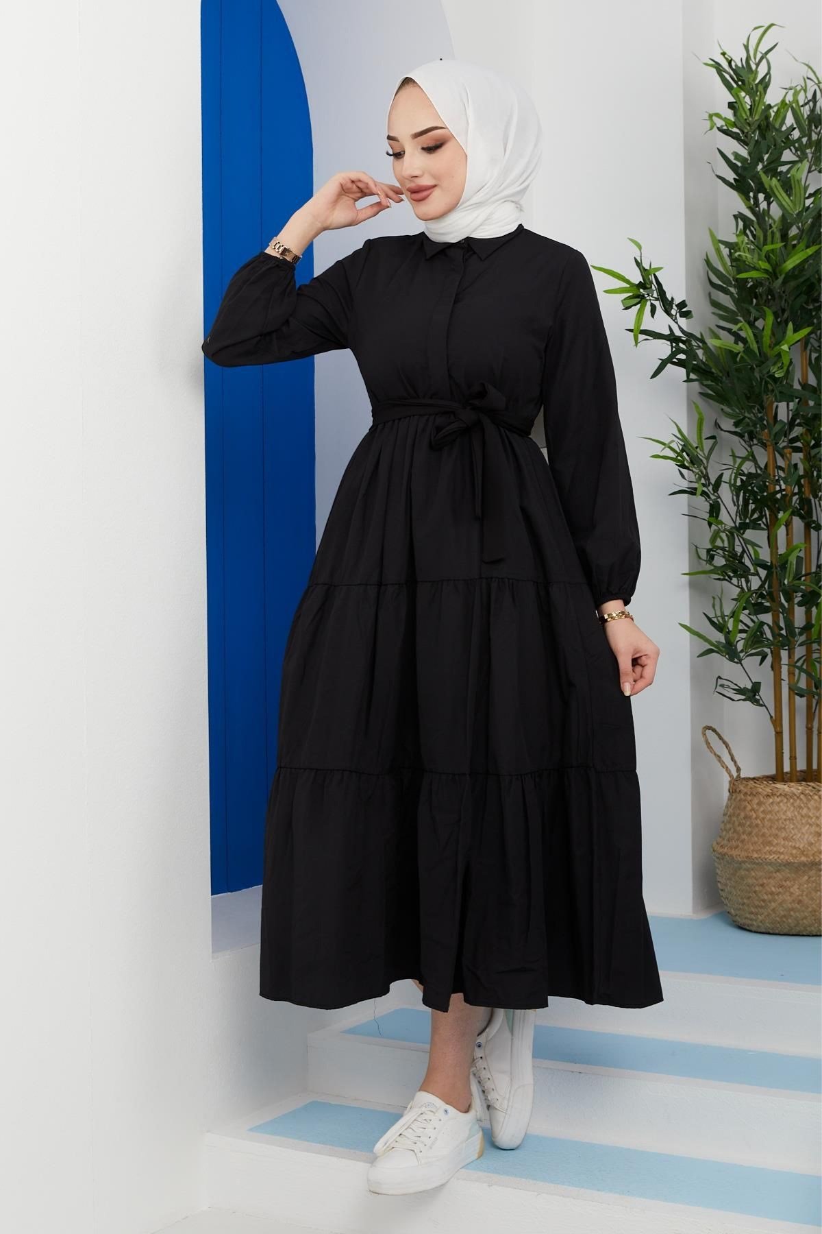 Katkat Cotton Elbise Siyah – Haza Moda | Tesettür Giyim