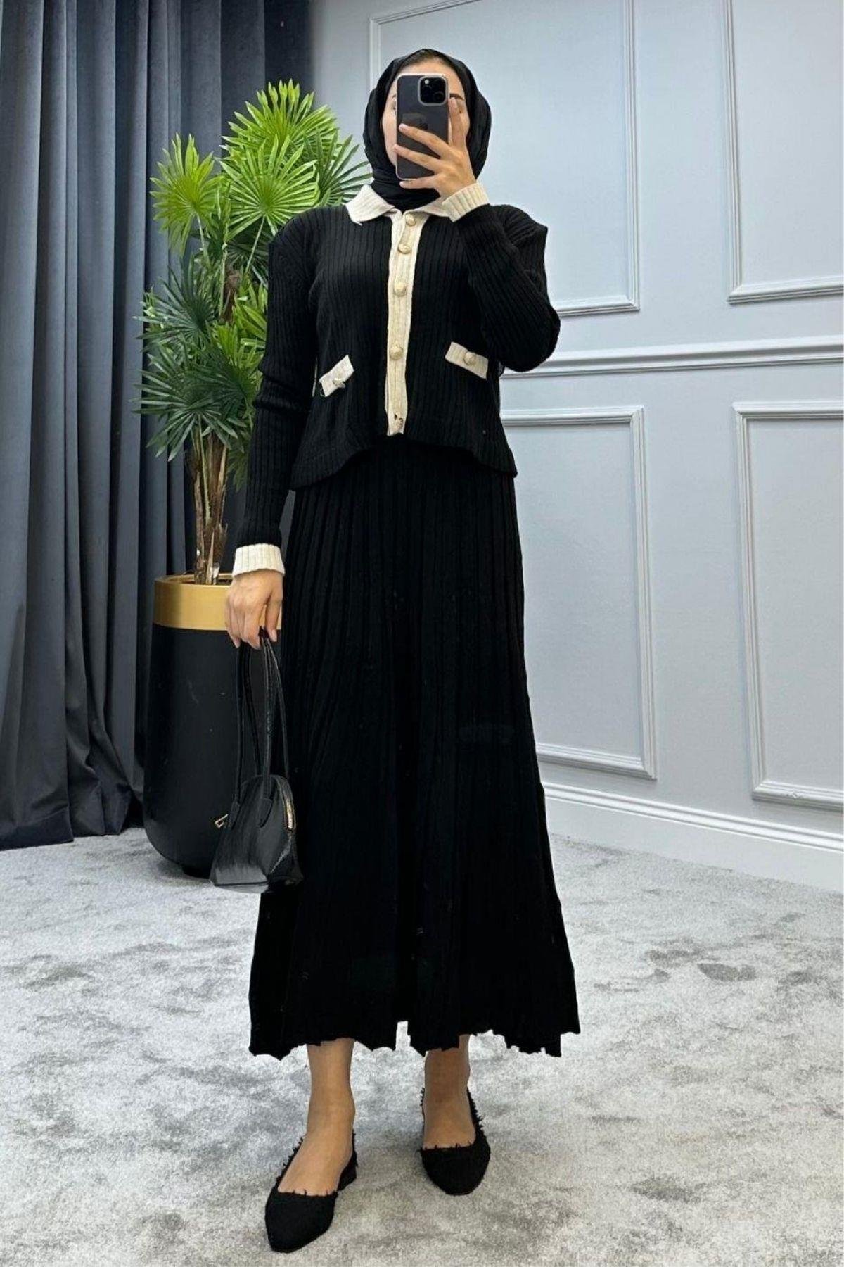 Kayra Triko Etekli Takım Full Siyah – Haza Moda | Tesettür Giyim