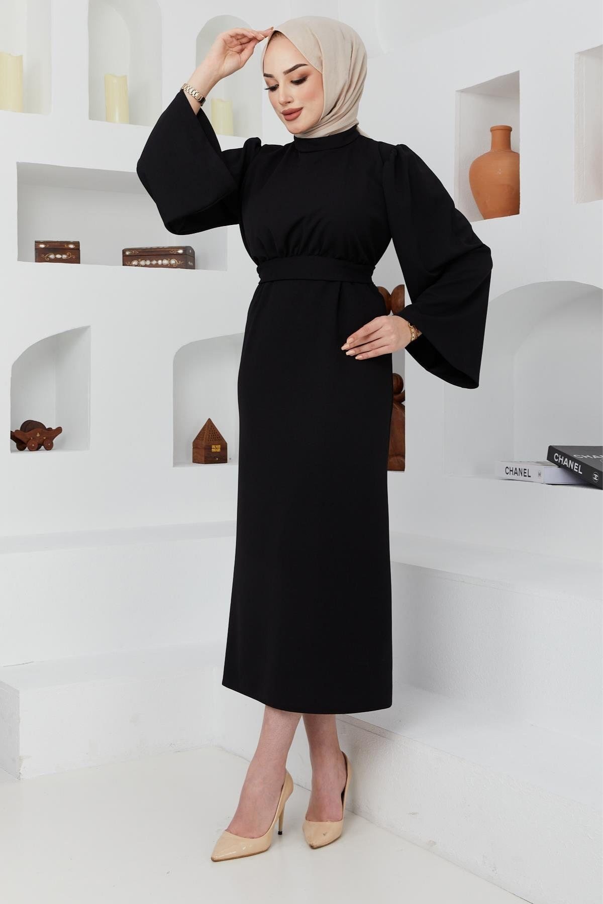 Kemerli Kalem Elbise Siyah – Haza Moda | Tesettür Giyim