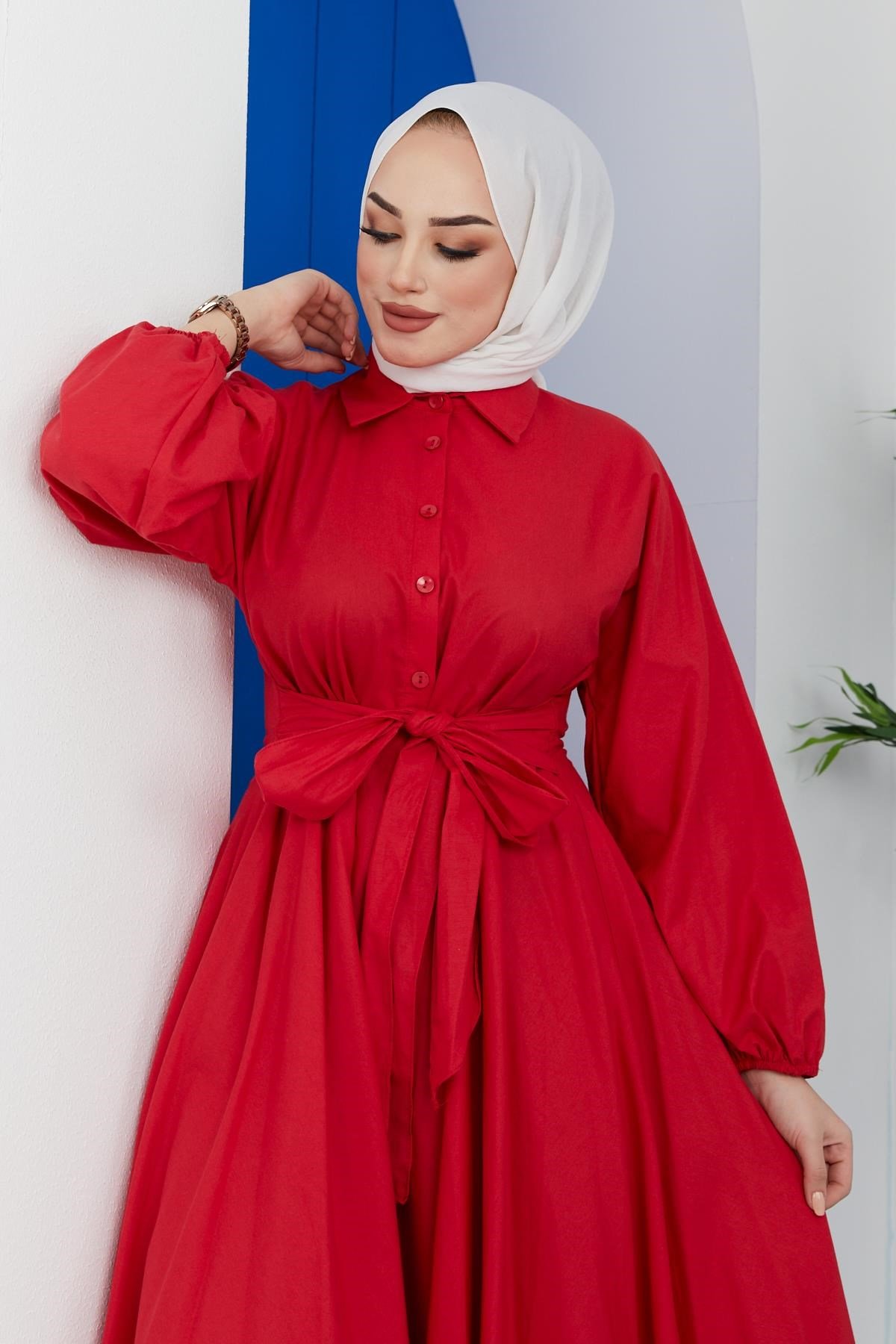 Kendinden Kemerli Cotton Elbise Kırmızı – Haza Moda | Tesettür Giyim