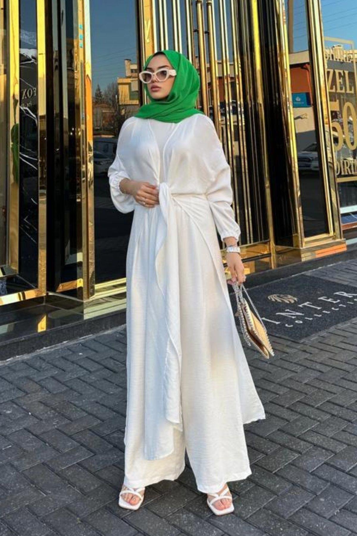 Keten Kimonolu Takım Beyaz – Haza Moda | Tesettür Giyim