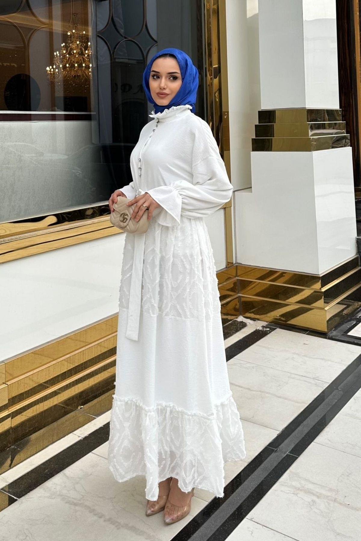 Olive Elbise Beyaz – Haza Moda | Tesettür Giyim