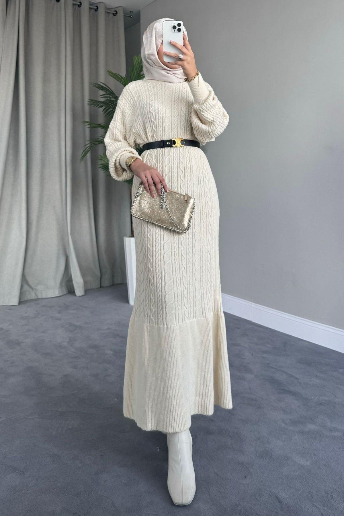 Örgü Triko Elbise Ekru – Haza Moda | Tesettür Giyim