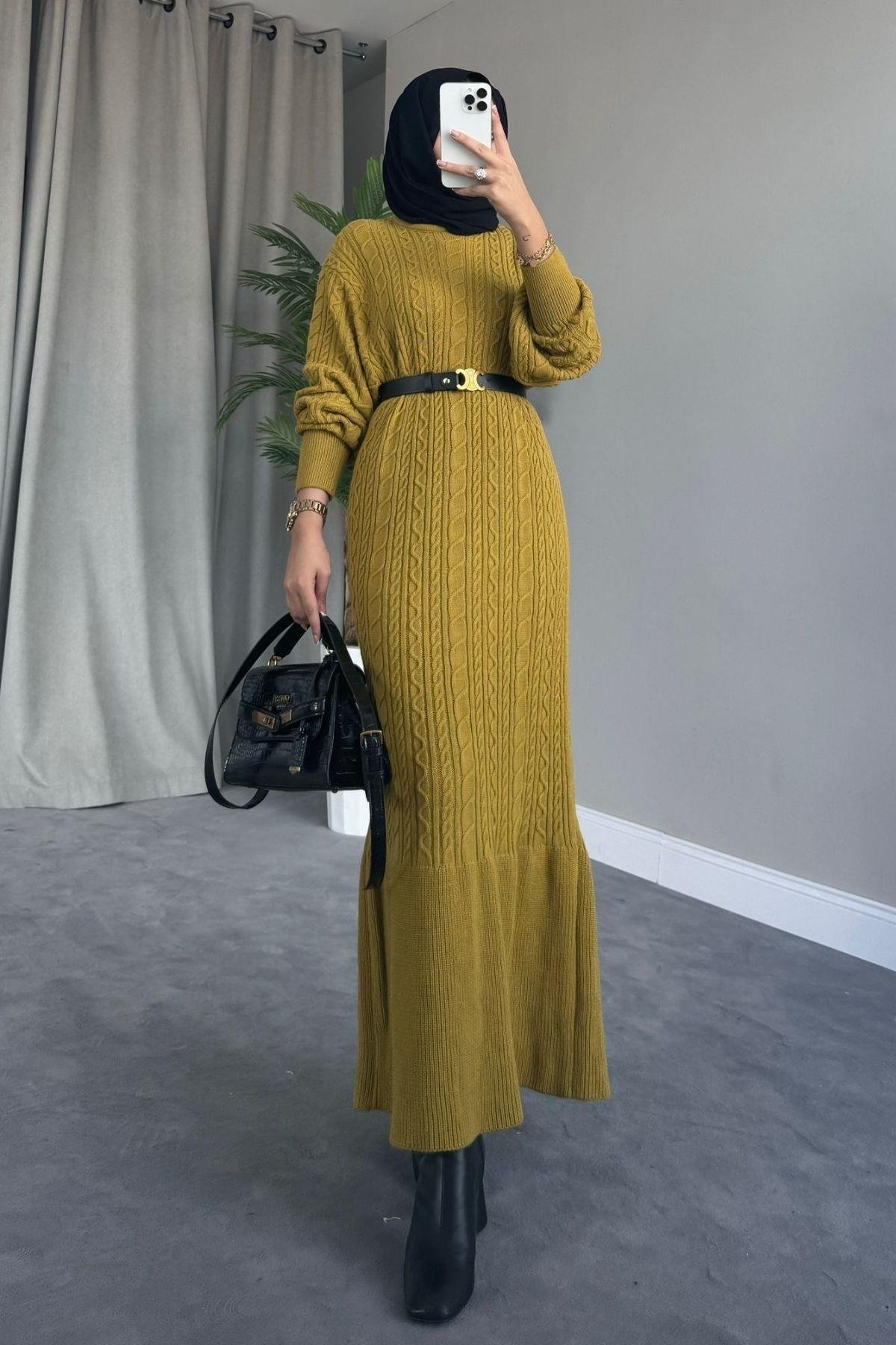 Örgü Triko Elbise Yağyeşili – Haza Moda | Tesettür Giyim
