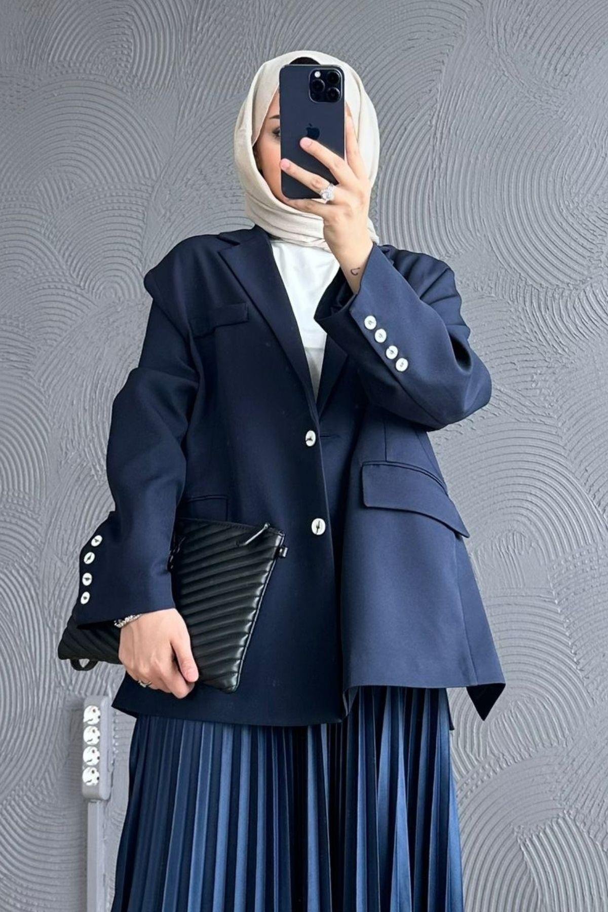 Oversize Ceket Lacivert – Haza Moda | Tesettür Giyim