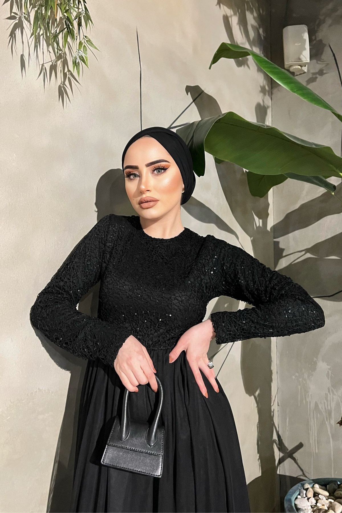 Payet Şeritli Tül Abiye Elbise Siyah – Haza Moda | Tesettür Giyim