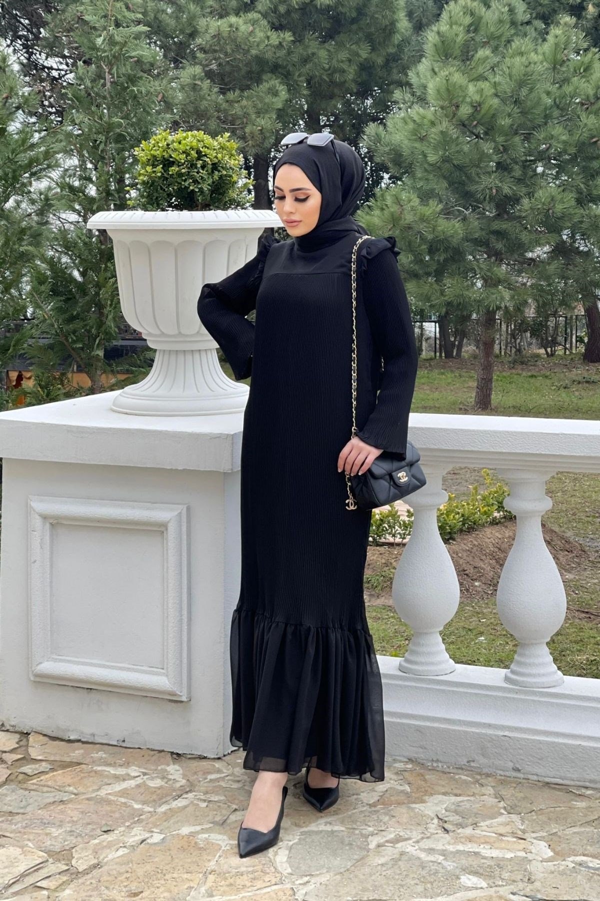 Piliseli Şifon Elbise Siyah – Haza Moda | Tesettür Giyim