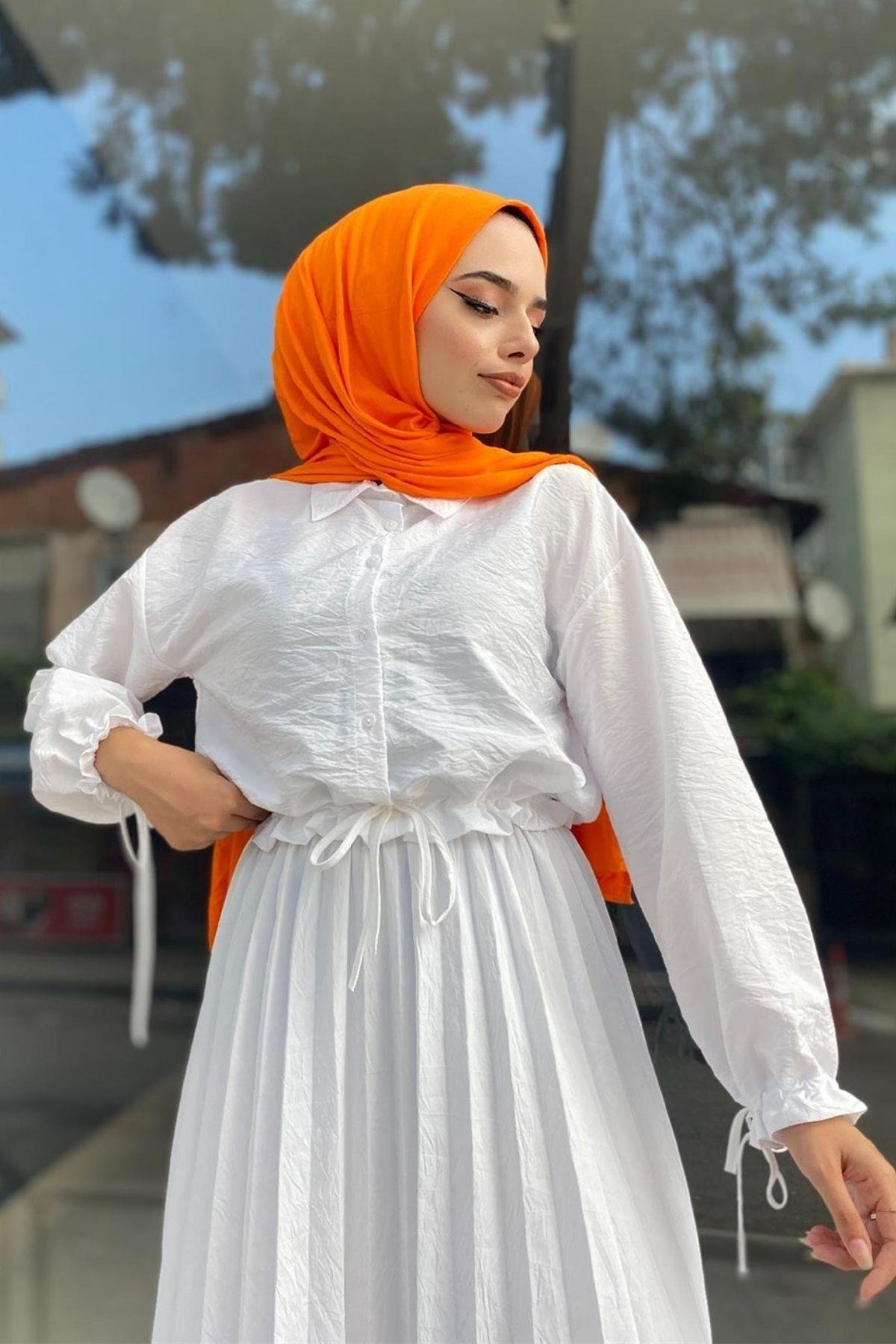 Roniya Etekli Takım Beyaz – Haza Moda | Tesettür Giyim