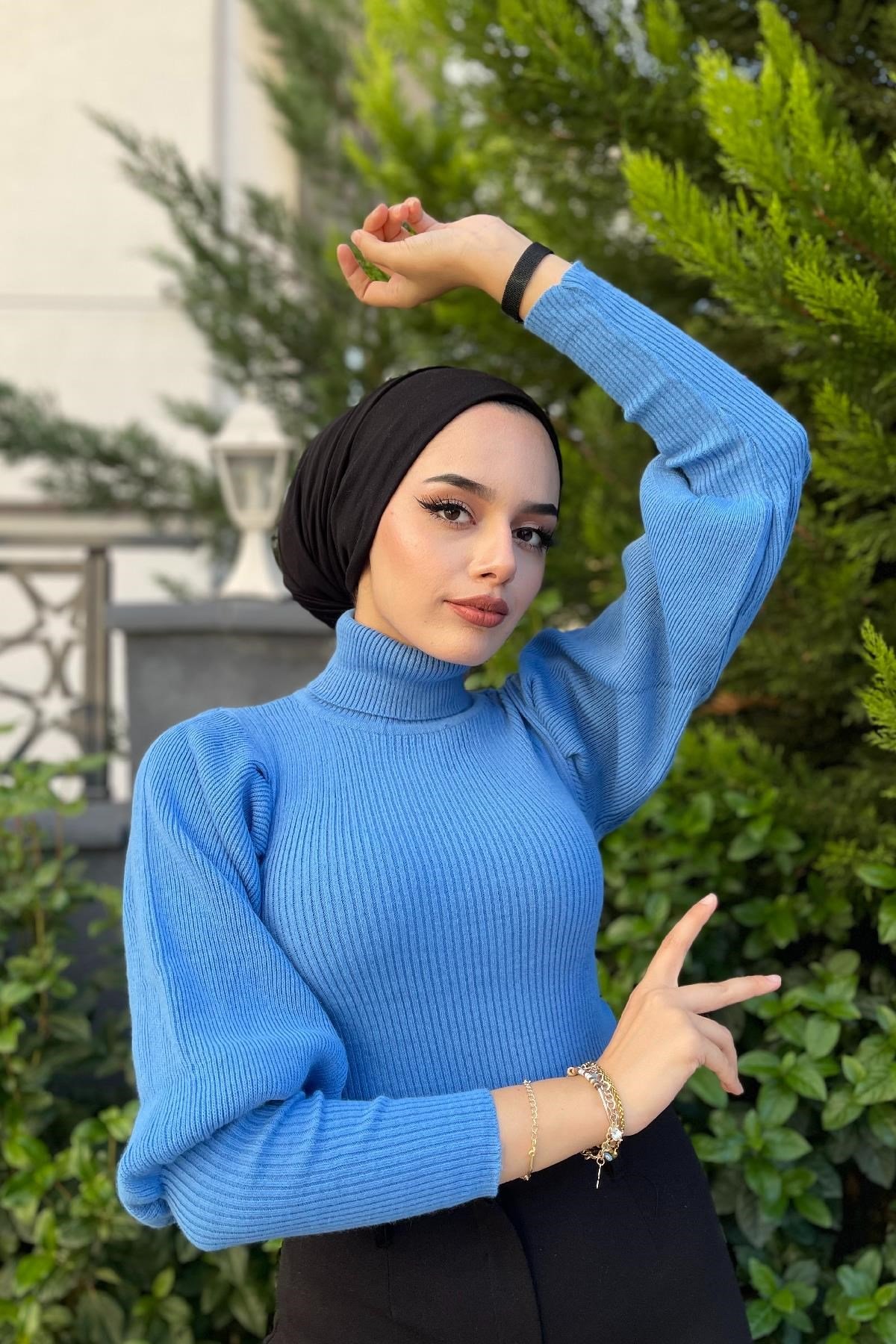 Triko Kazak Balon Kol Mavi – Haza Moda | Tesettür Giyim