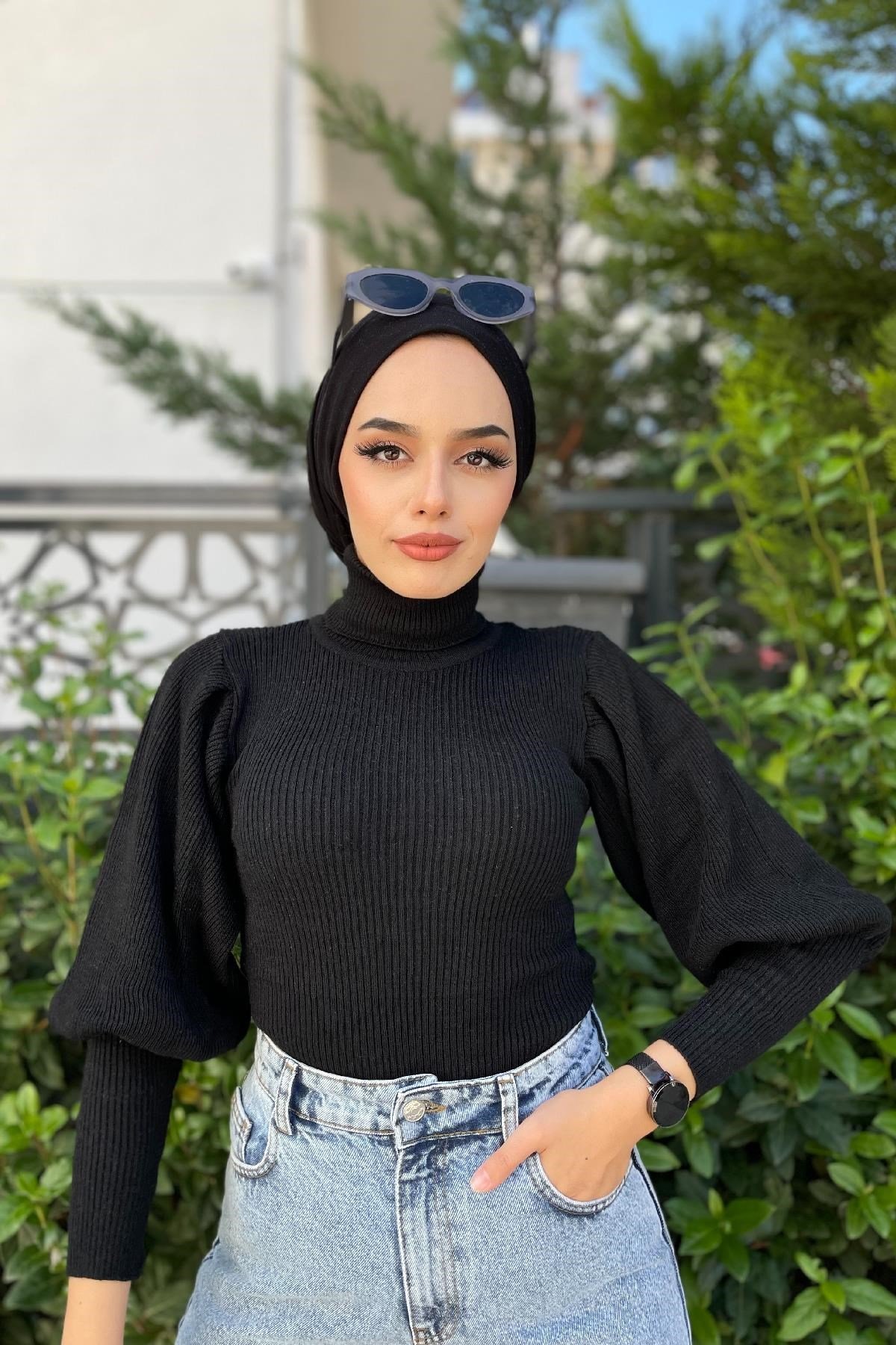 Triko Kazak Balon Kol Siyah – Haza Moda | Tesettür Giyim