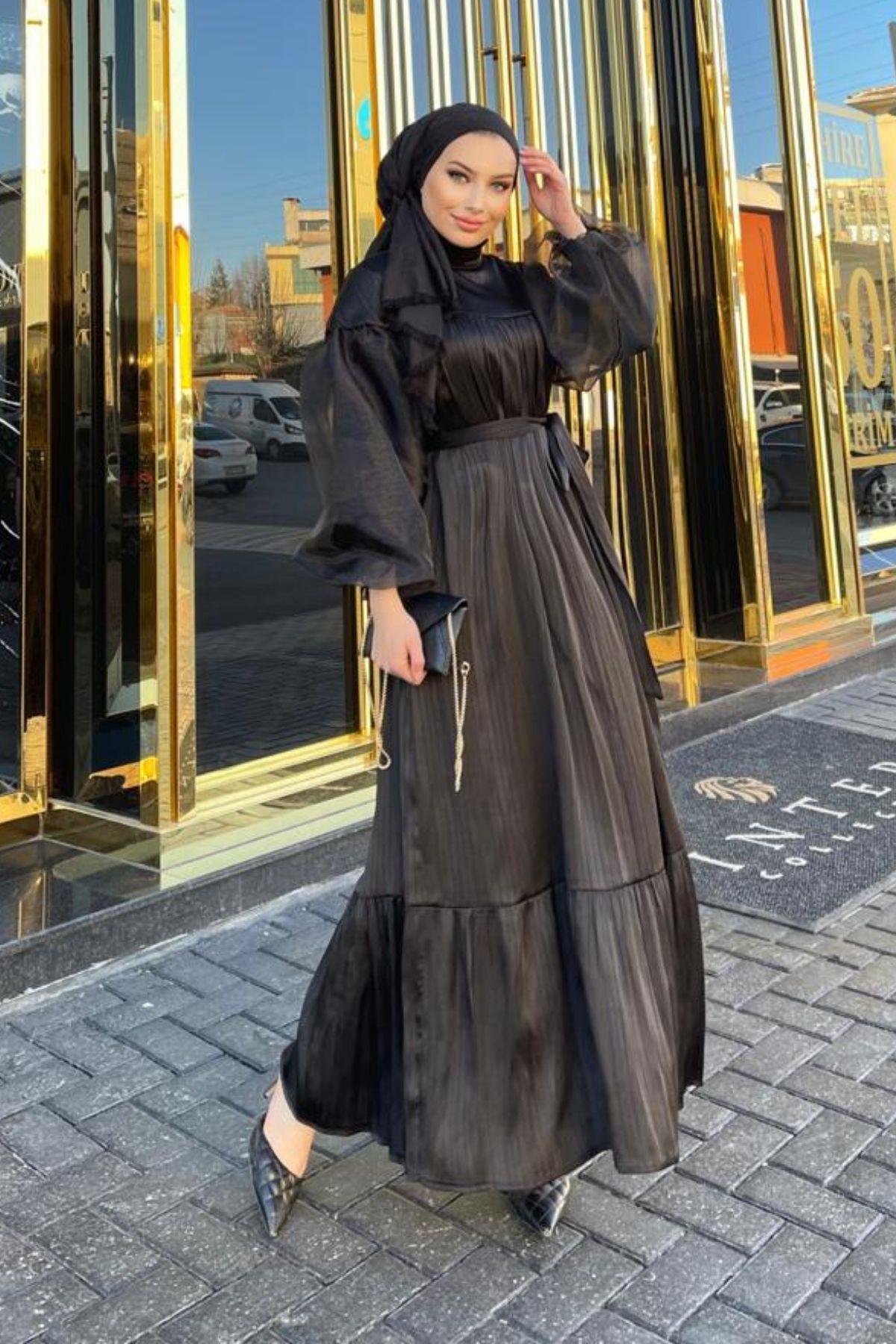 Tül Balon Kol Elbise Siyah – Haza Moda | Tesettür Giyim