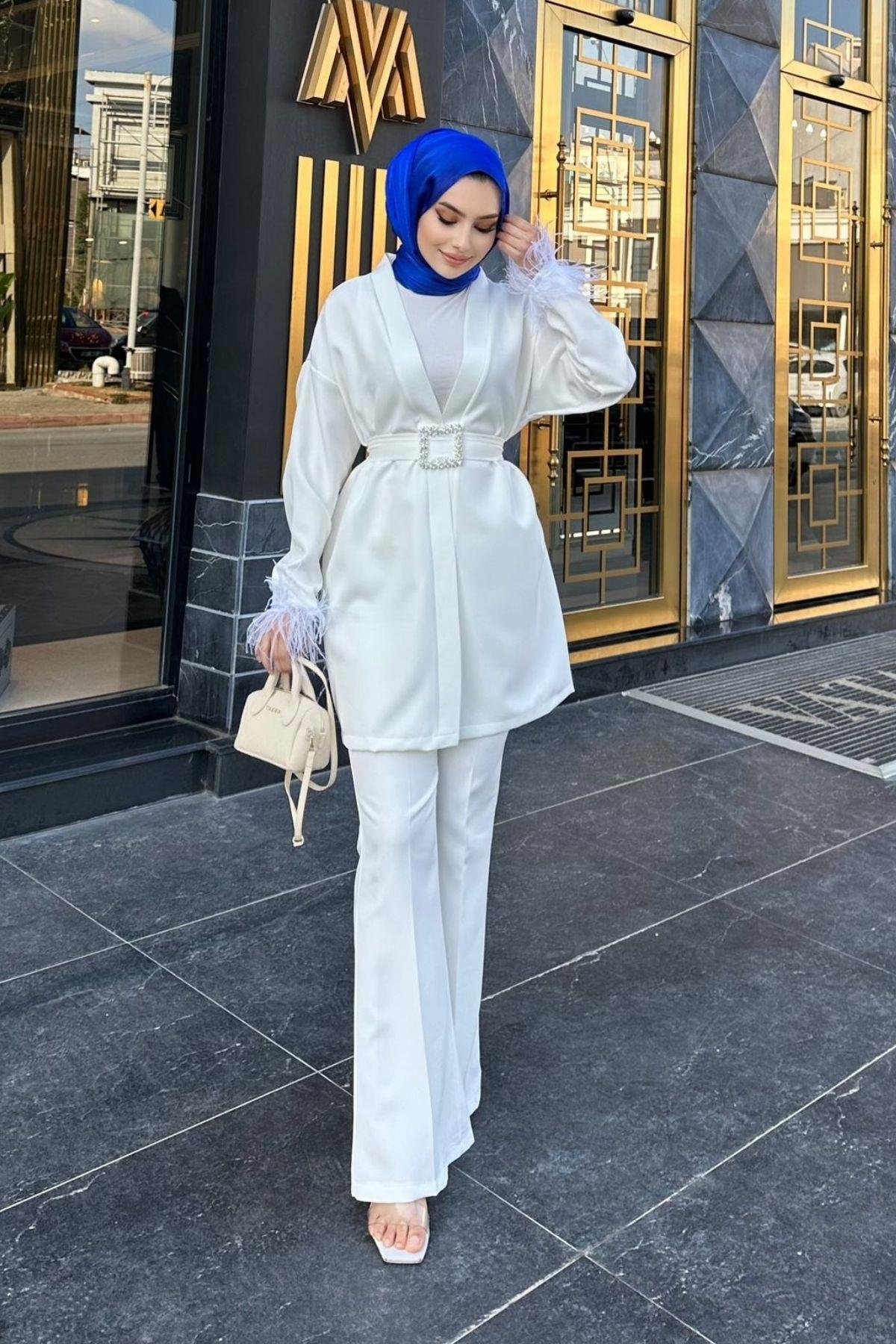 Tüylü Kimonolu Takım Beyaz – Haza Moda | Tesettür Giyim
