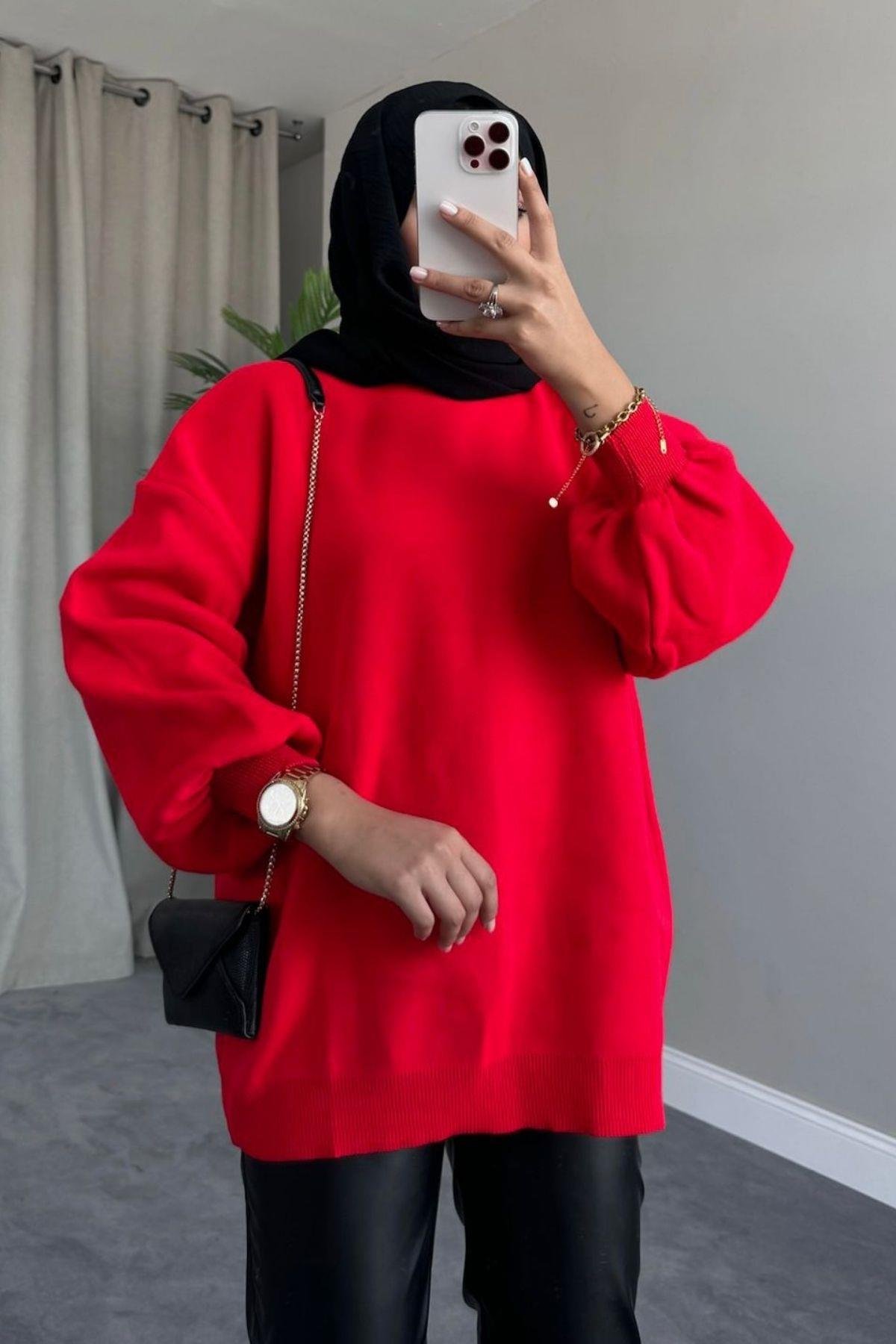 Yarım Boğazlı Triko Kazak Kırmızı – Haza Moda | Tesettür Giyim