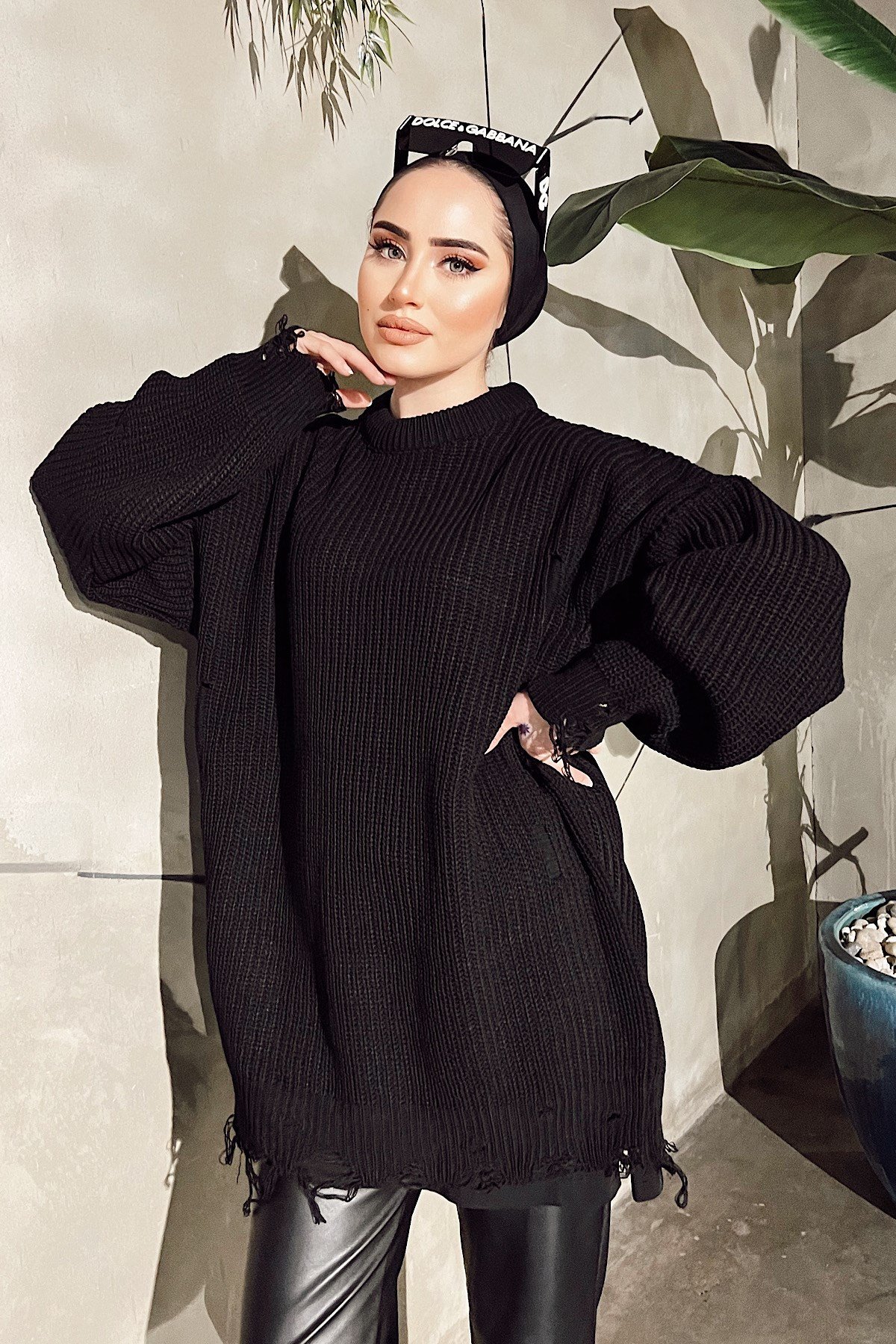 Yırtık Triko Kazak Siyah – Haza Moda | Tesettür Giyim