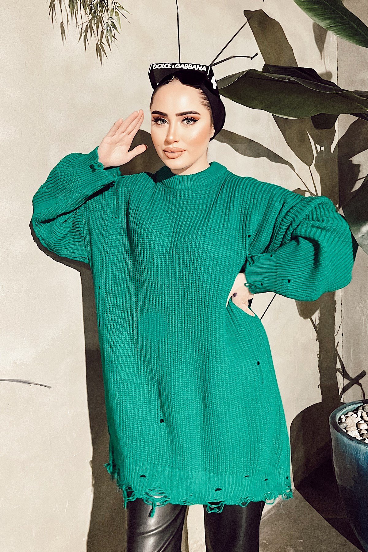 Yırtık Triko Kazak Yeşil – Haza Moda | Tesettür Giyim