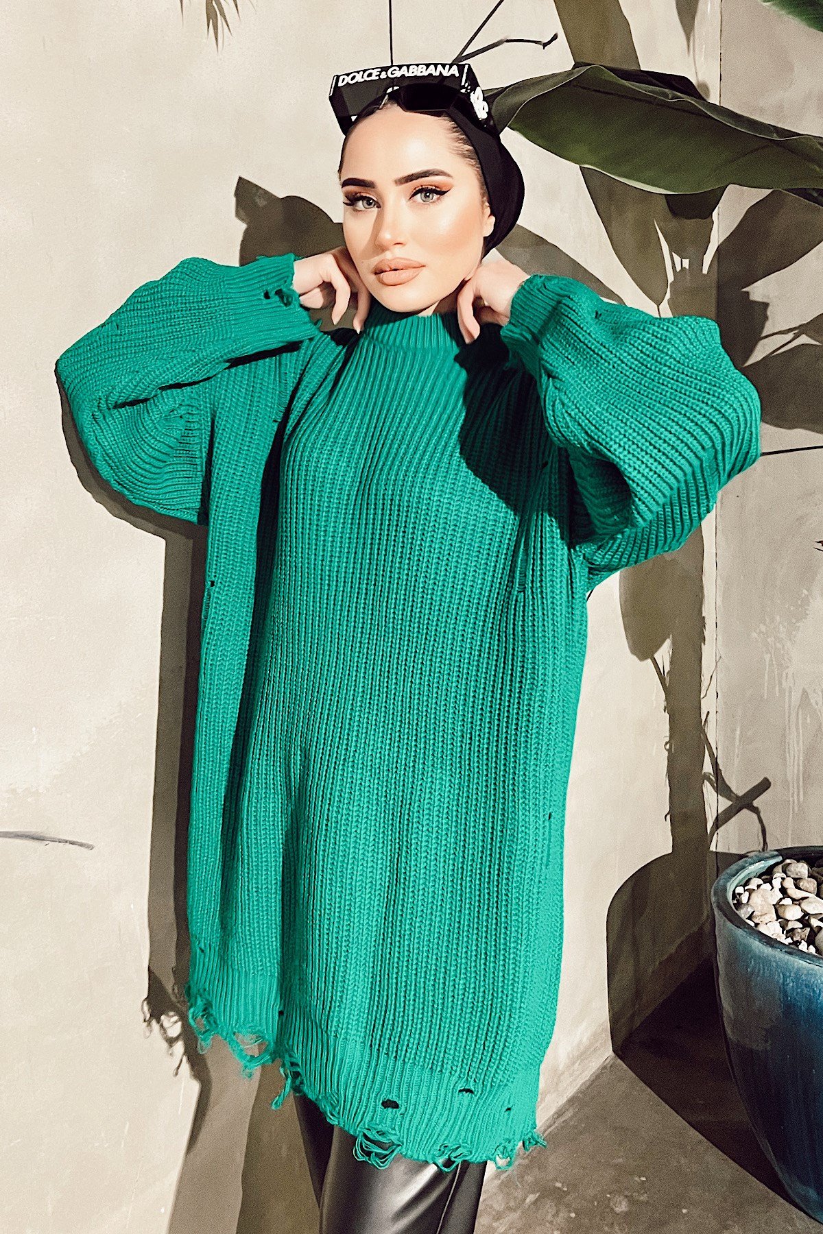 Haza Moda | Tesettür Giyim | Yırtık Triko Kazak Yeşil