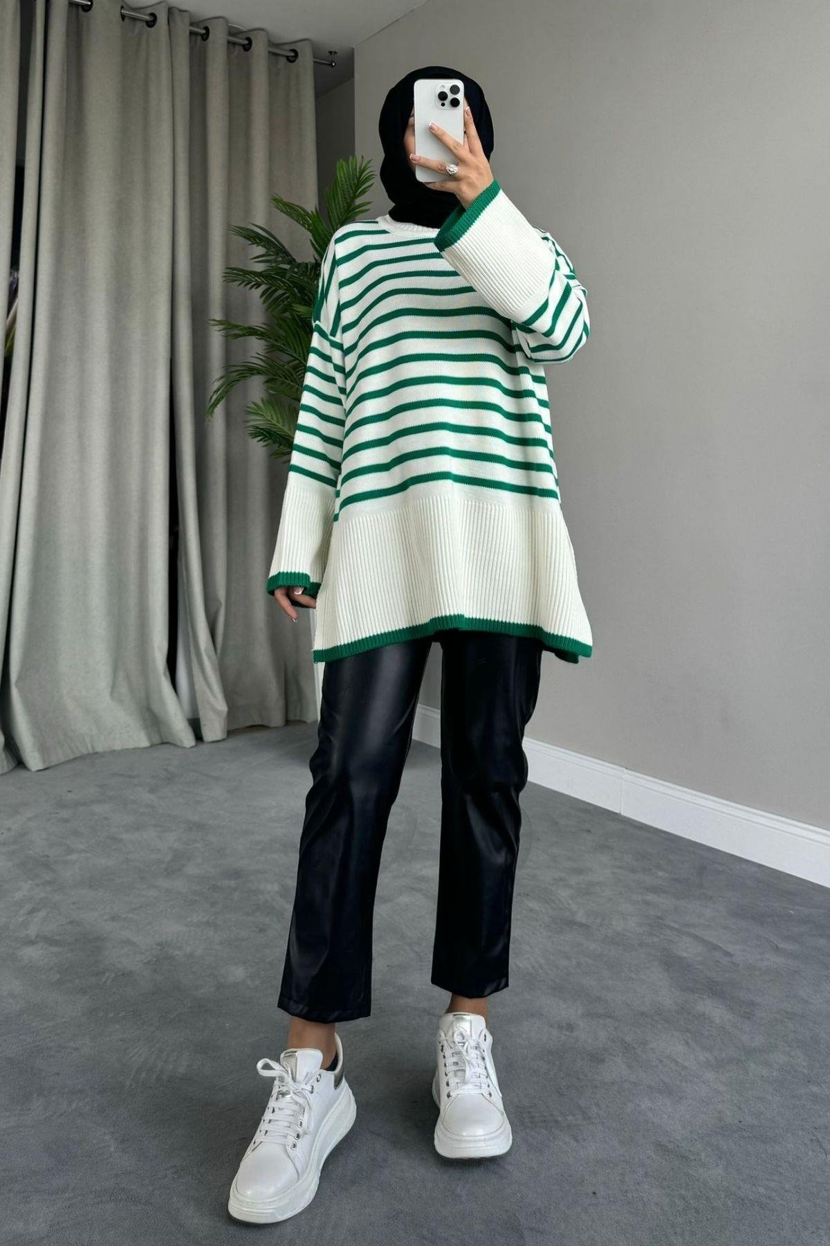 ZR Çizgili Triko Kazak Yeşil – Haza Moda | Tesettür Giyim