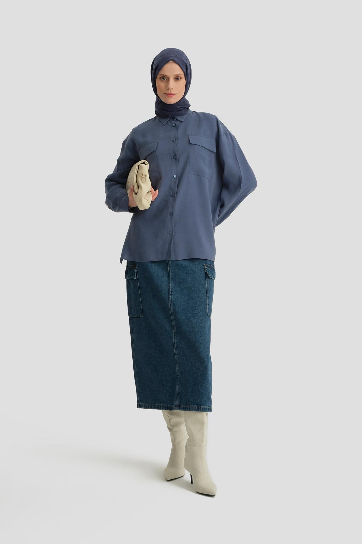 レザーメイト　om-50 Armine Cep Kapaklı Oversize Gömlek ORT3635 İndigo | Armine