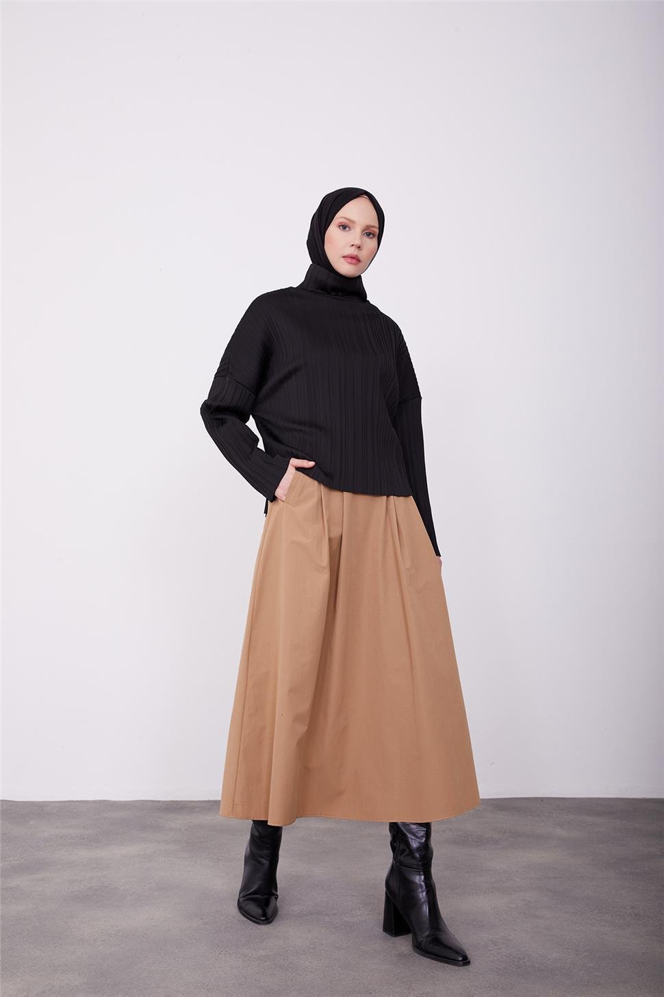 ami9622　0724 Armine Pliseli Örme Bluz 23K3216 Siyah | Armine