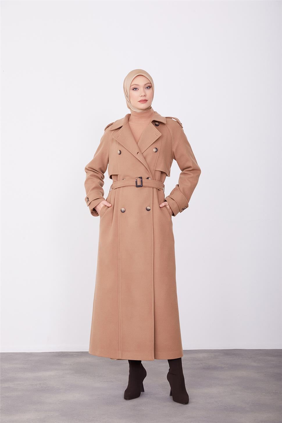 Armine Seyyar Apoletli Tam Kruvaze Manto 23K8613 Camel | Armine