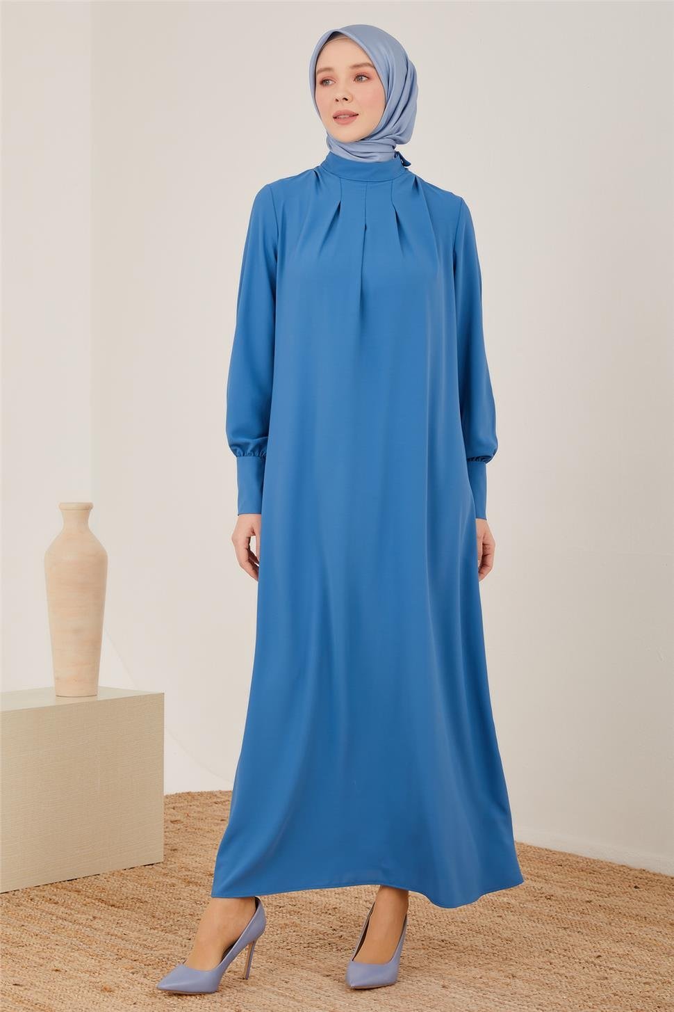 Armine Yaka Detaylı Arkası Bağlanabilir Elbise 23Y9637 Mavi - ARMİNE |  Hayatınıza Artı Değer Katar!