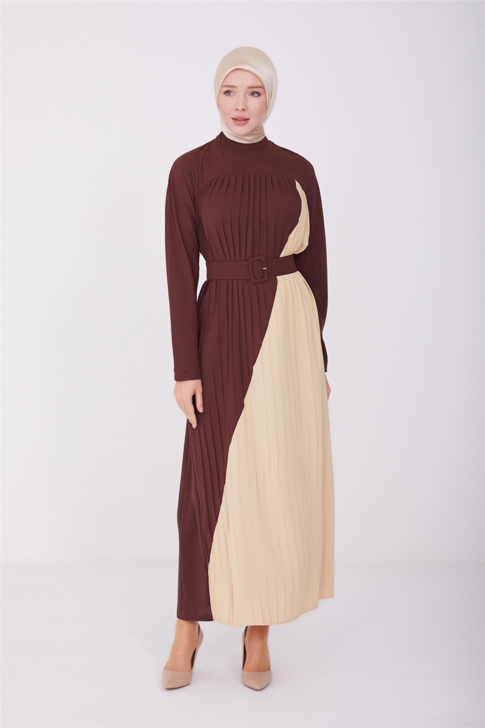 Armine İki Renkli Pliseli Elbise 23Y9675 Bitter | Armine