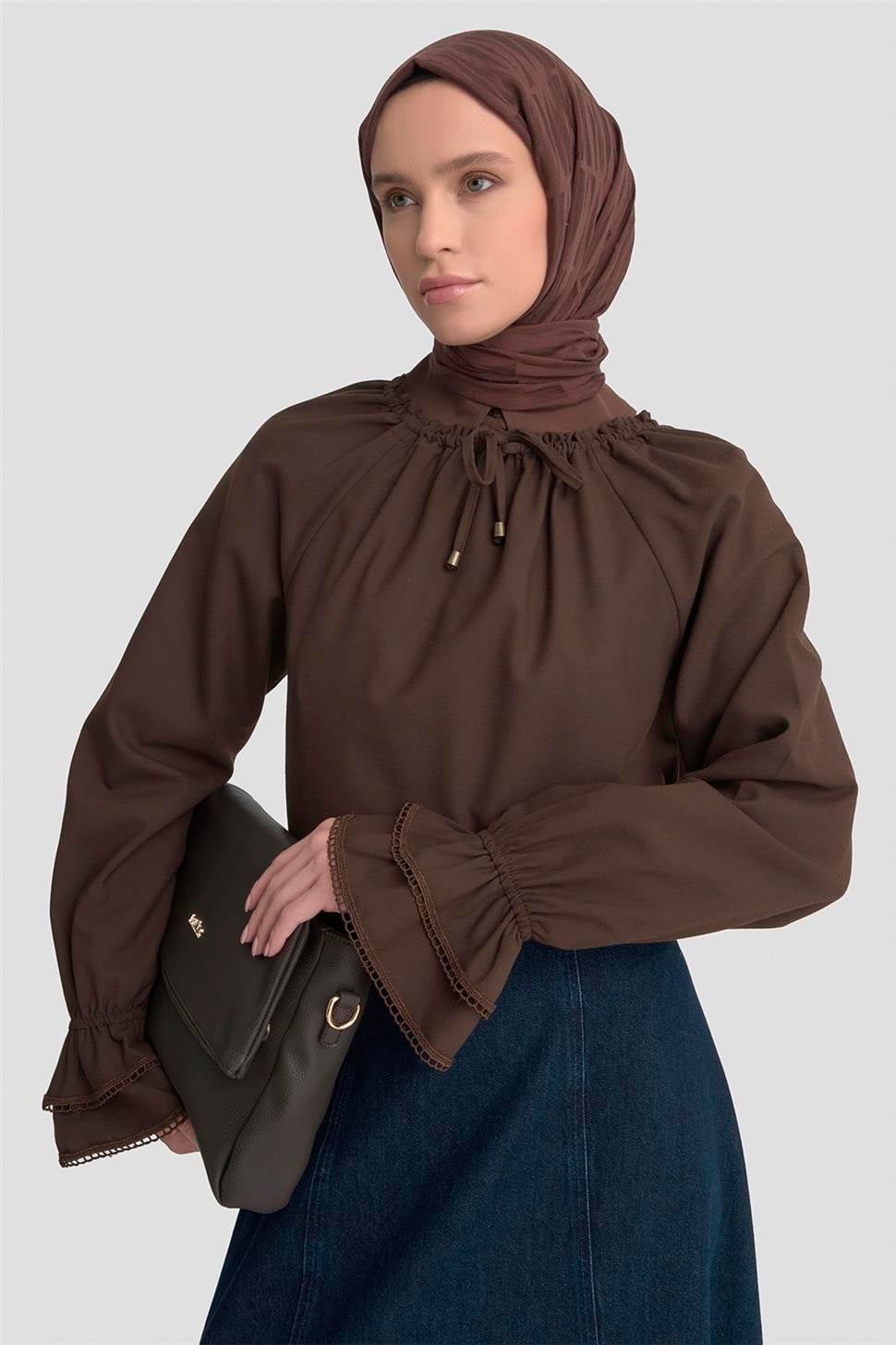 Armine Kolu Fırfırlı Bluz 25K3832 Acı Kahve | Armine Online