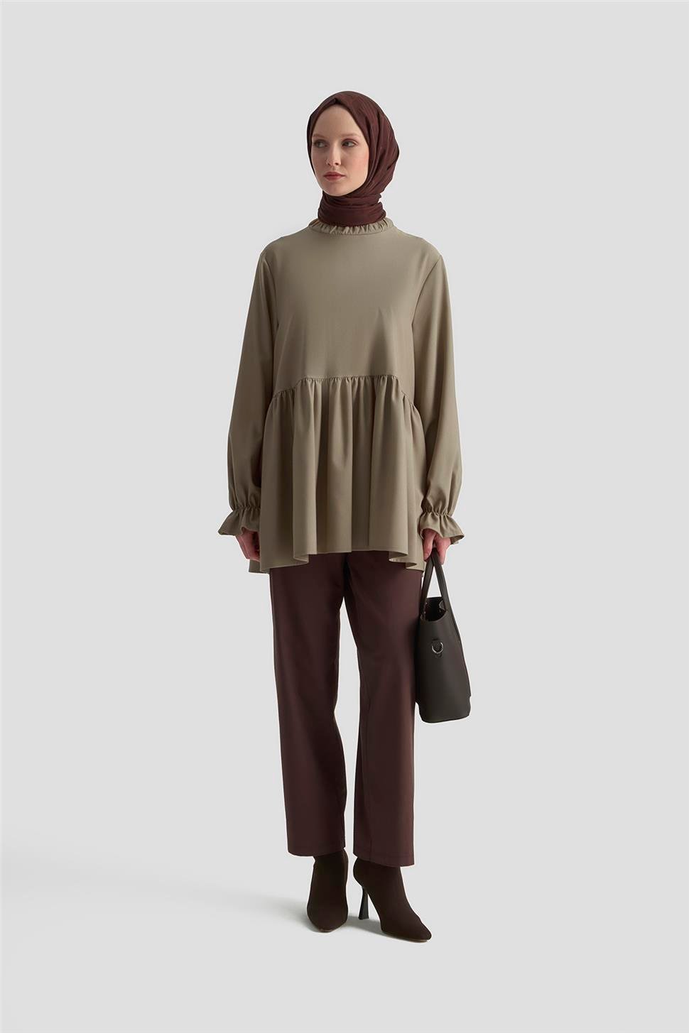 Armine Fırfırlı Balon Kollu Tunik 25KD9018 BEJ | Armine