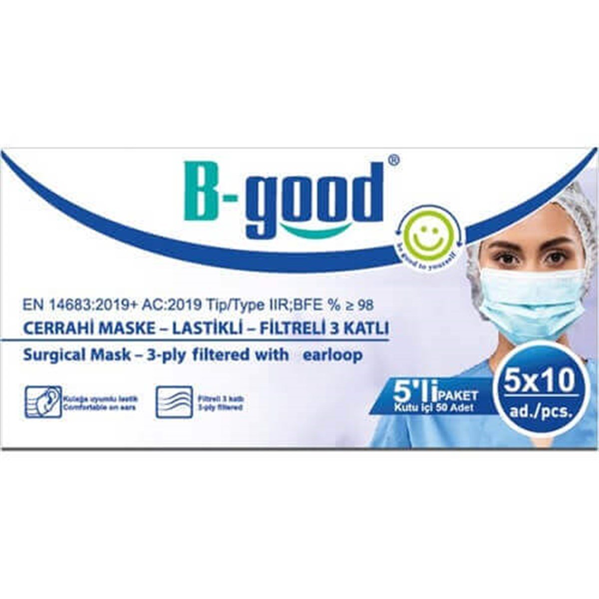 B-Good 3 Katlı 5'li Paketlenmiş Cerrahi Maske Telli 50'li (ÜTS Kayıtlı)  Fiyatları | Dermosiparis.com