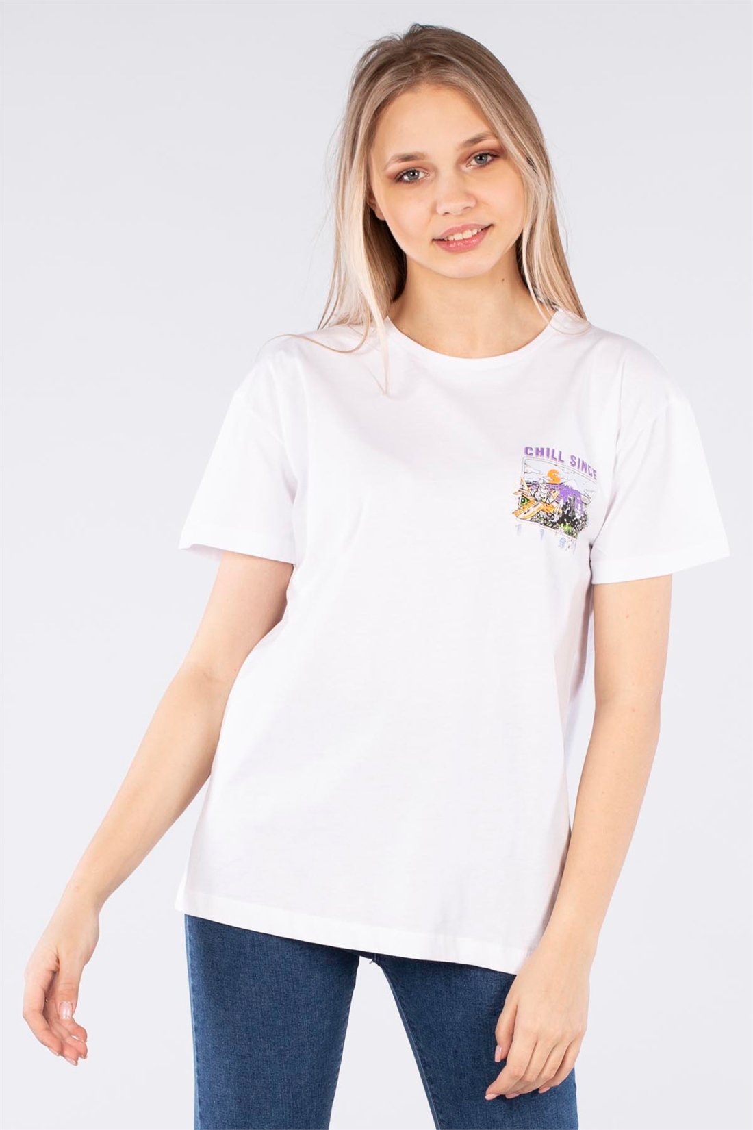 Arkası chıll sınce baskılı t-shirt-6039 Beyaz